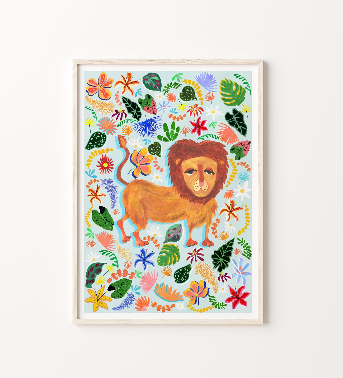 Framed artwork of a lion surrounded by colorful flowers and leaves on a white background