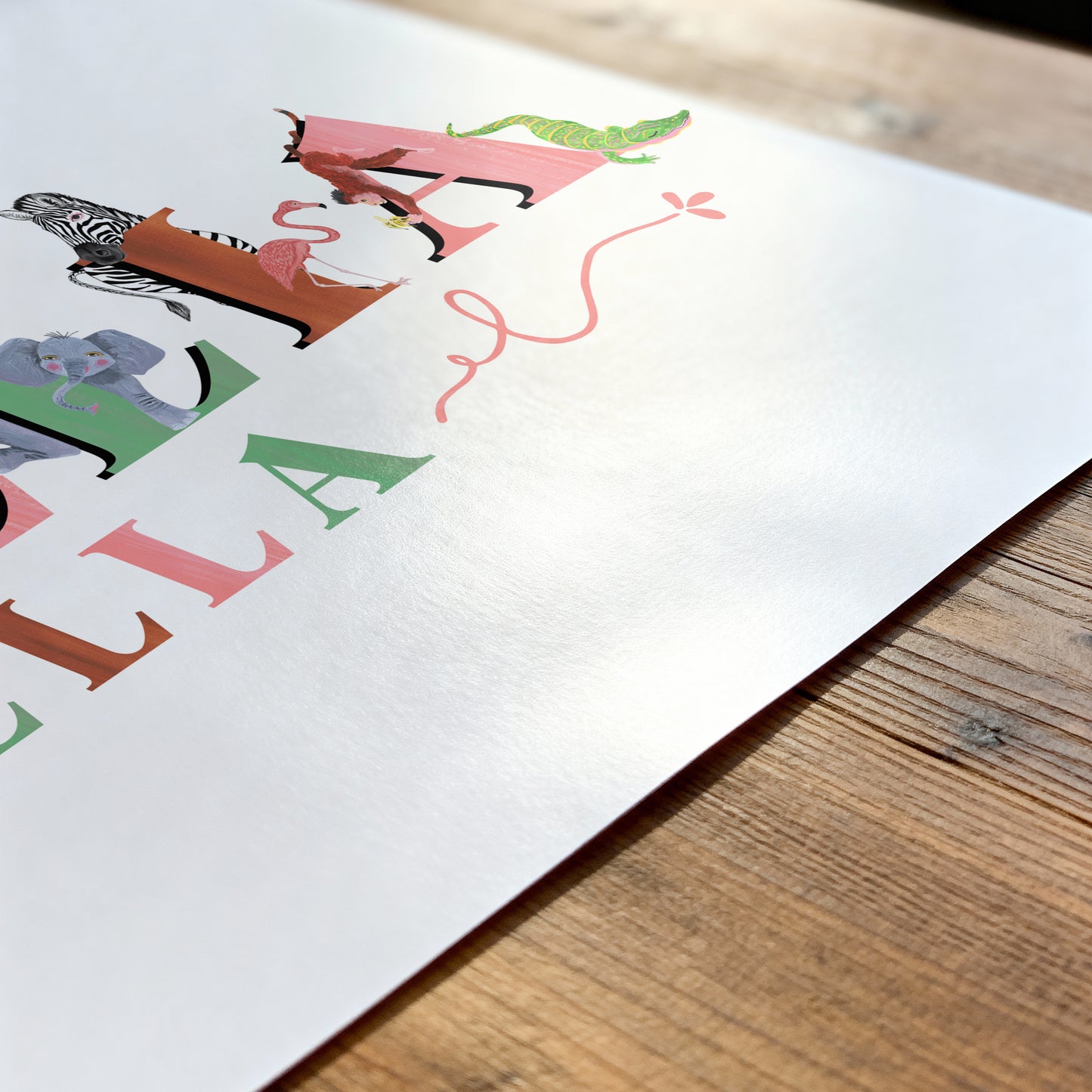 Children's book with colorful illustrations of animals on a wooden surface