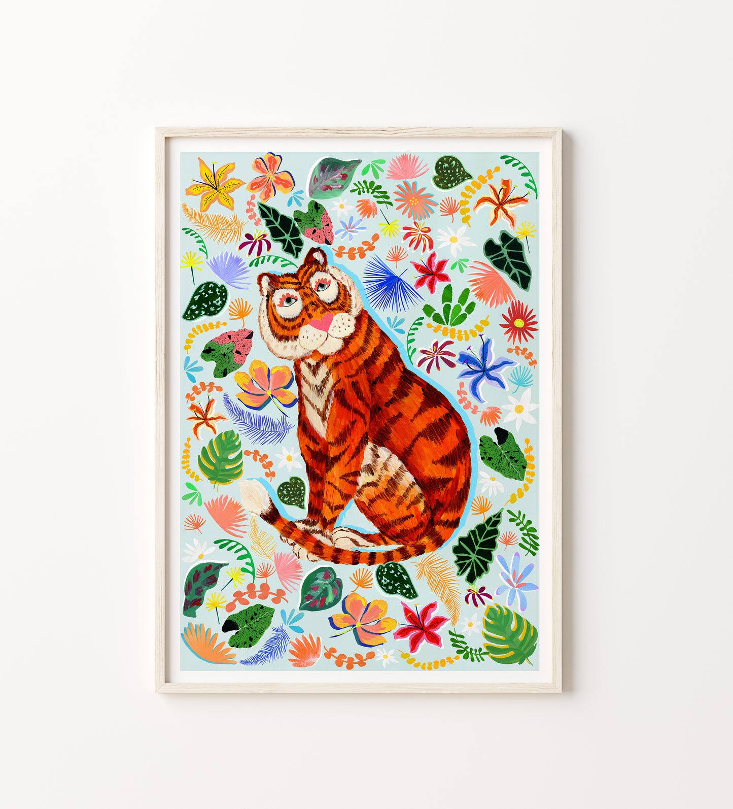 Framed artwork of a tiger surrounded by colorful flowers and leaves on a white background