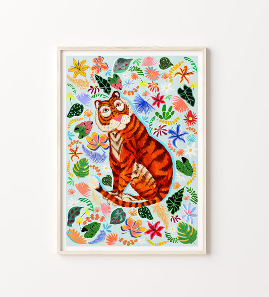Framed artwork of a tiger surrounded by colorful flowers and leaves on a white background