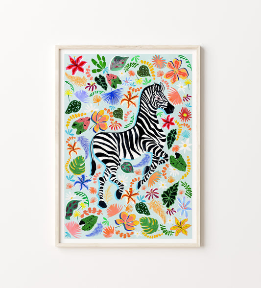 Framed artwork of a zebra surrounded by colorful flowers and leaves on a white background