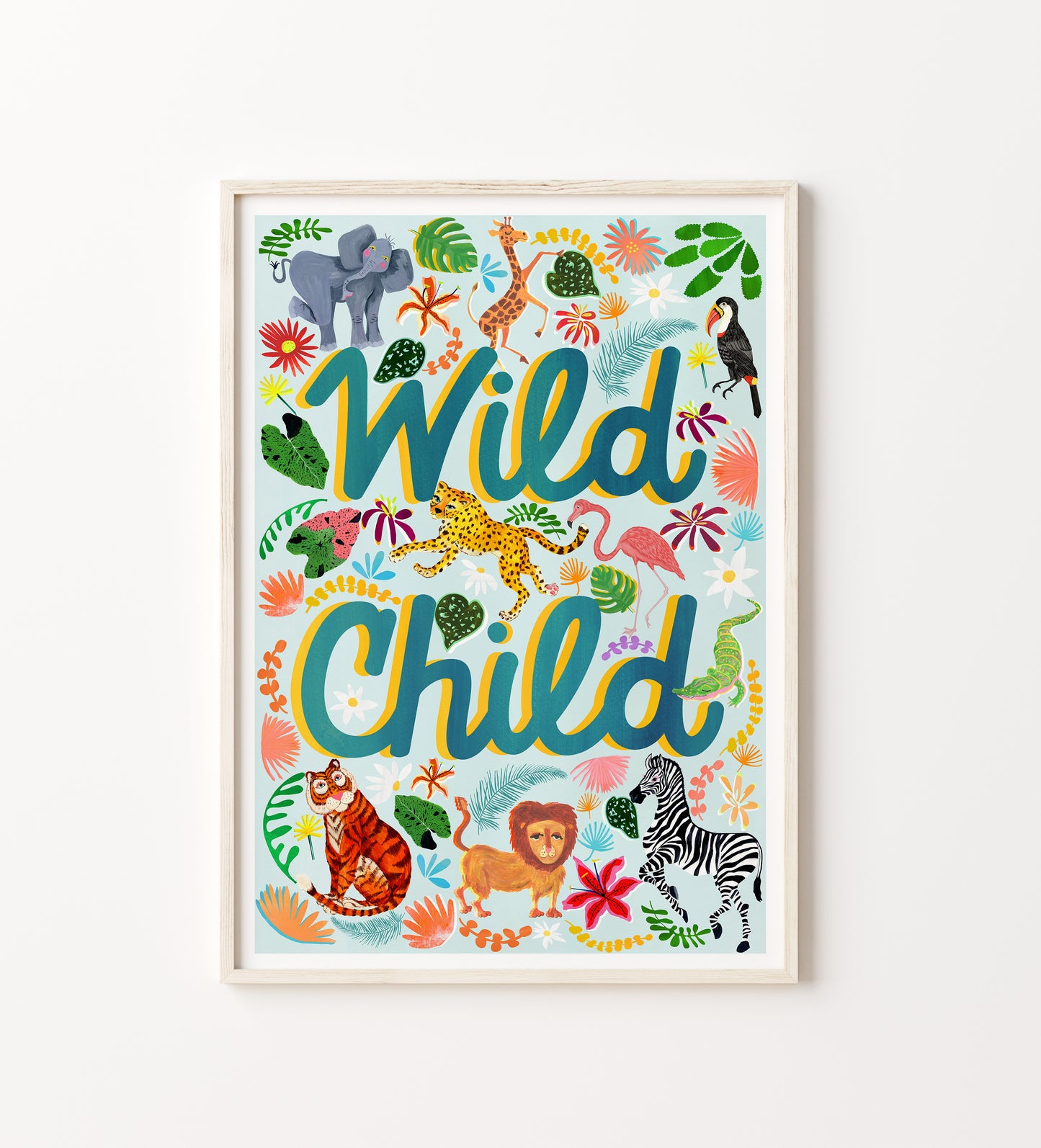 Framed artwork with 'Wild Child' text and animal illustrations on a white background