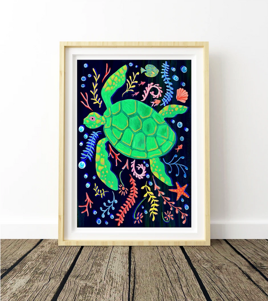Framed artwork of a green turtle surrounded by colorful sea creatures on a dark background.