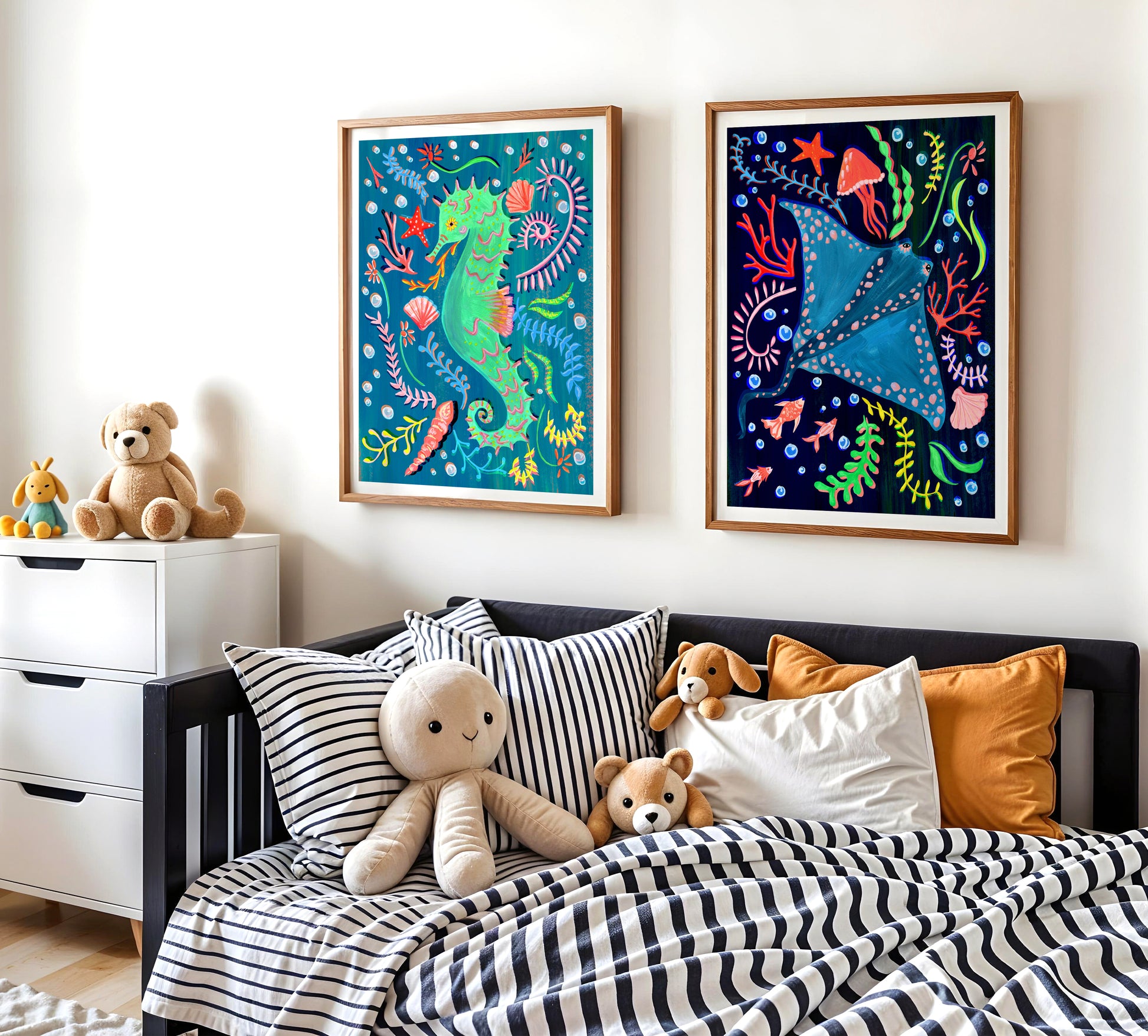 Children's bedroom with colorful wall art, plush toys, and a bed with striped bedding.