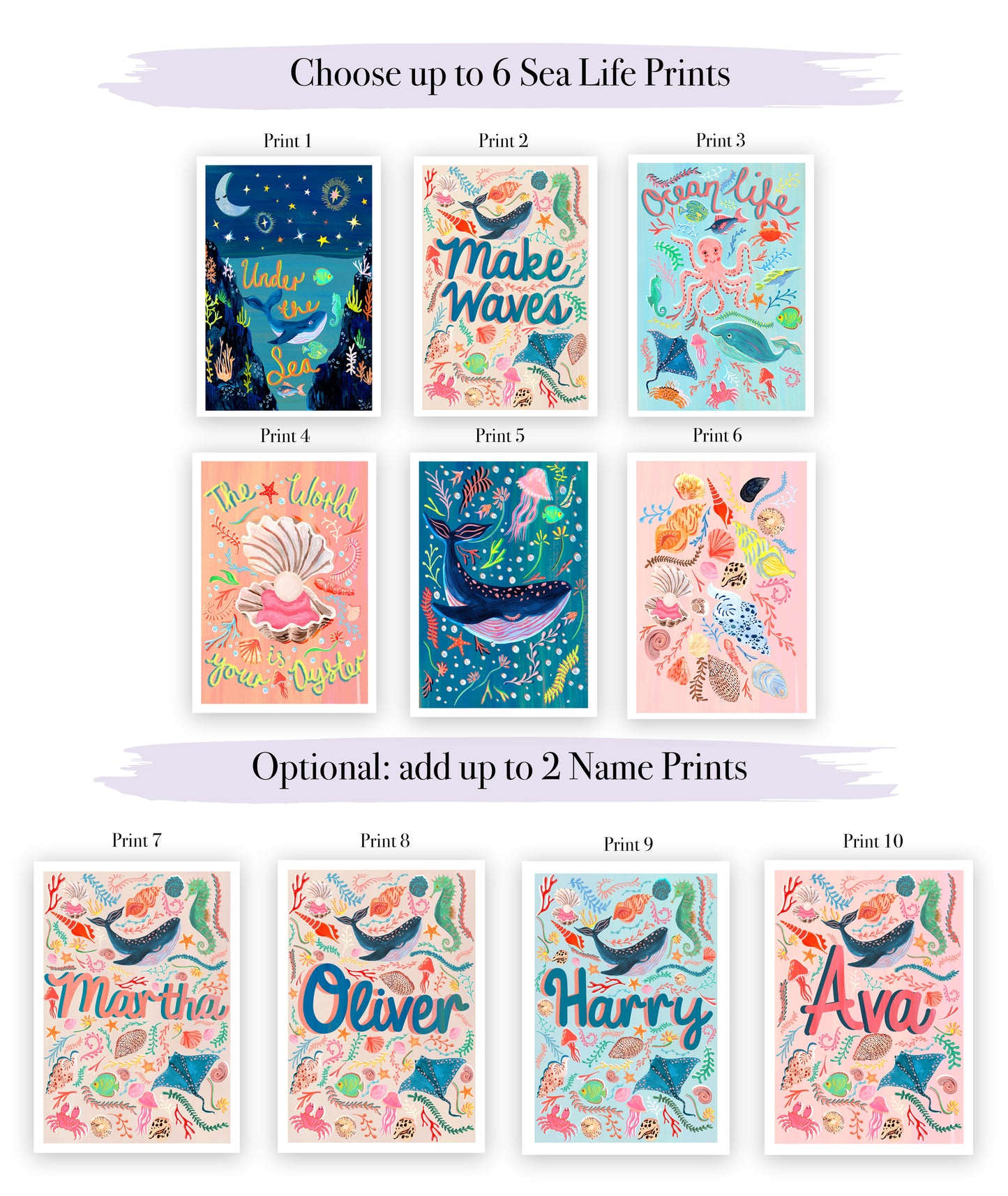 Collection of sea-themed prints with various designs and options to add names.