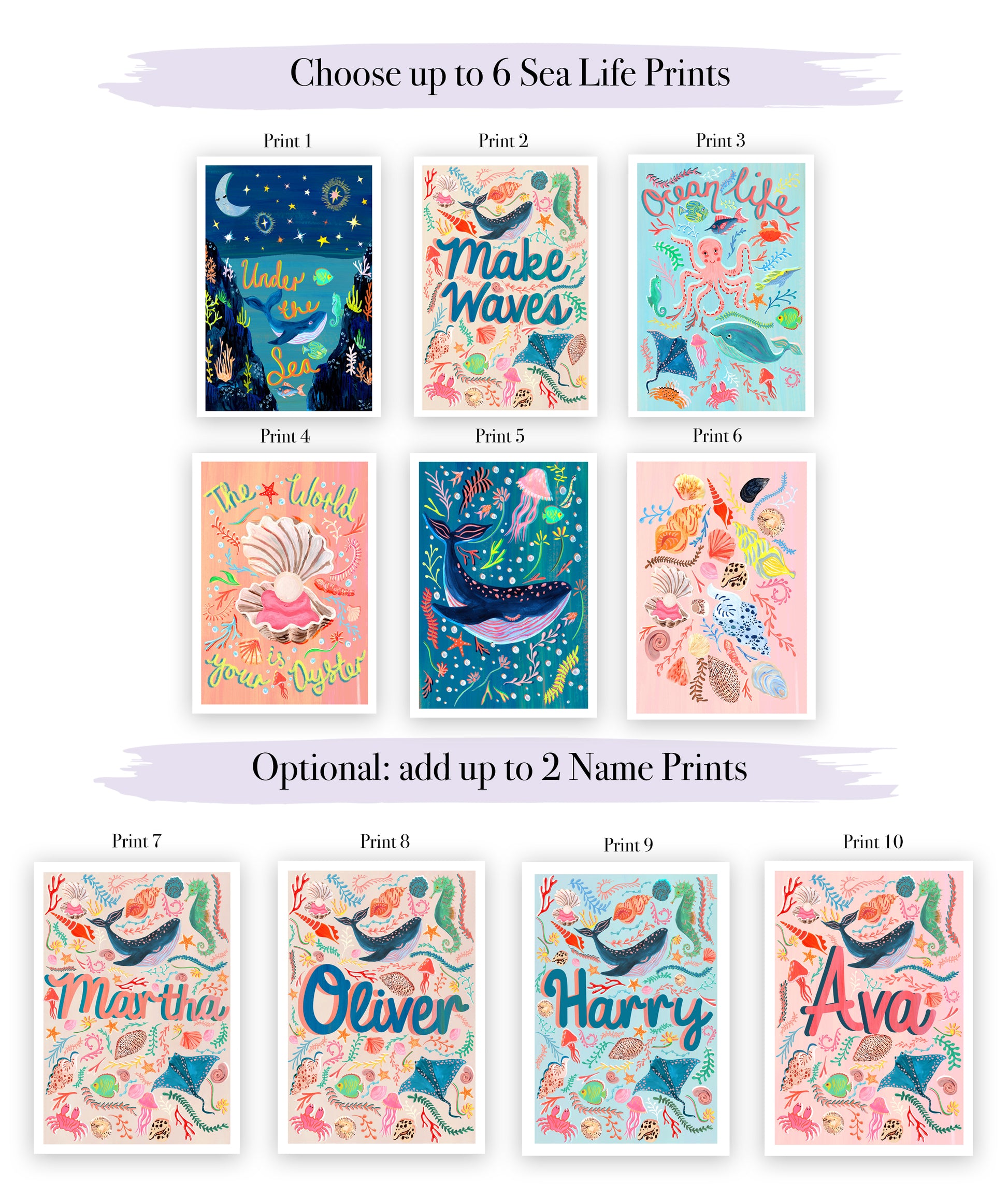 Collection of sea-themed prints with various designs and options to add names.