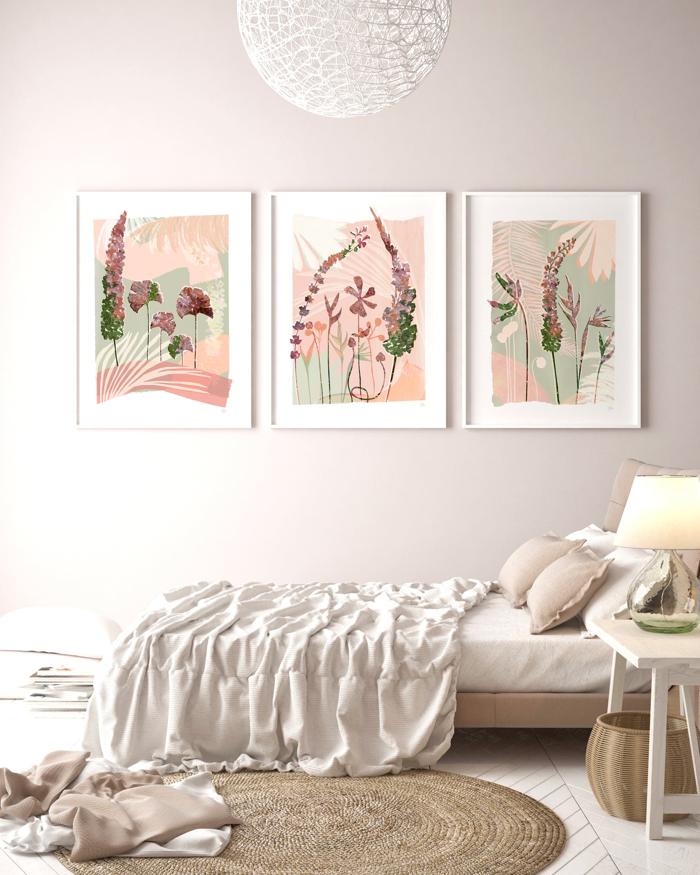 Bedroom with floral wall art above a bed
