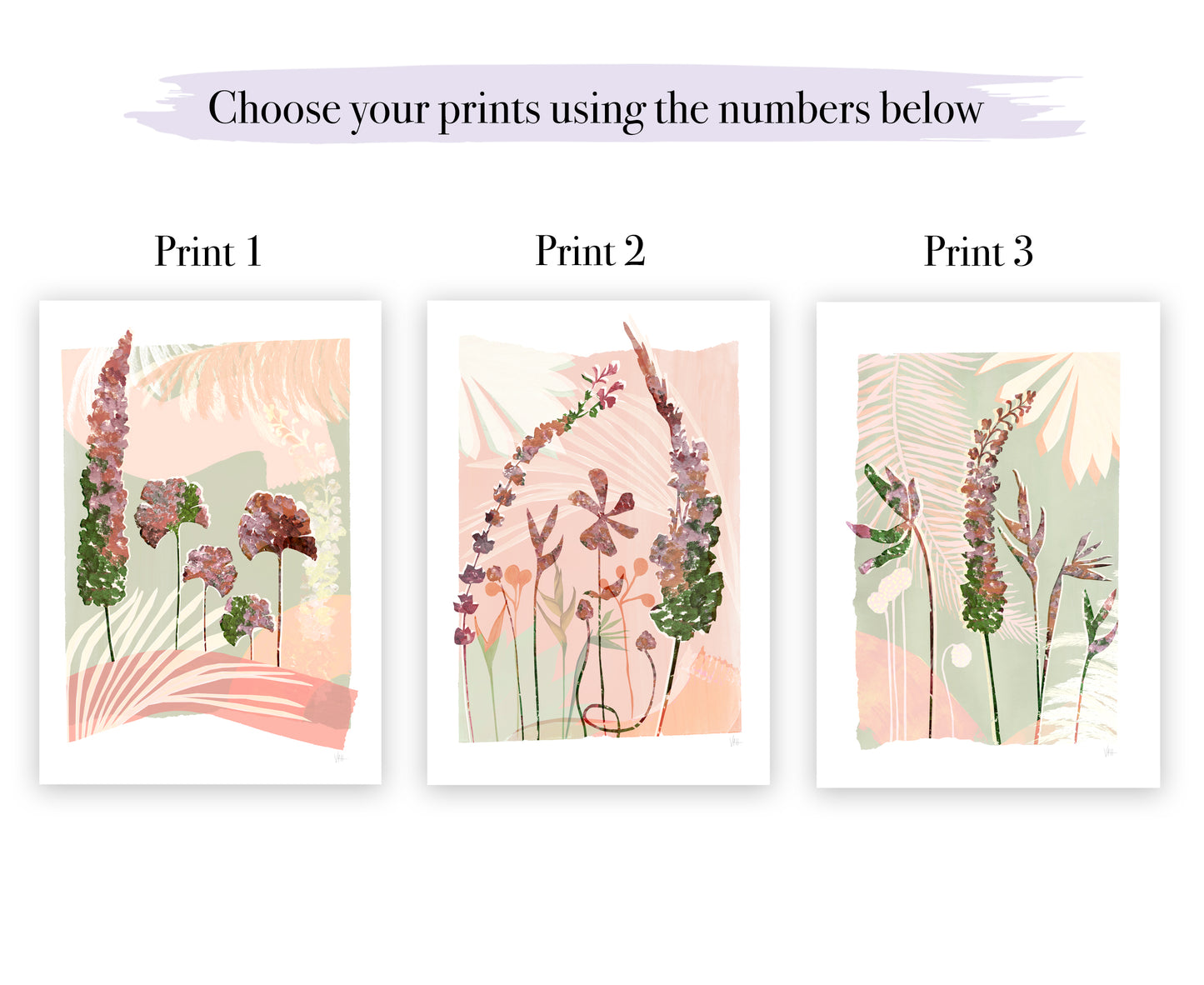 Three floral prints with labels on a white background