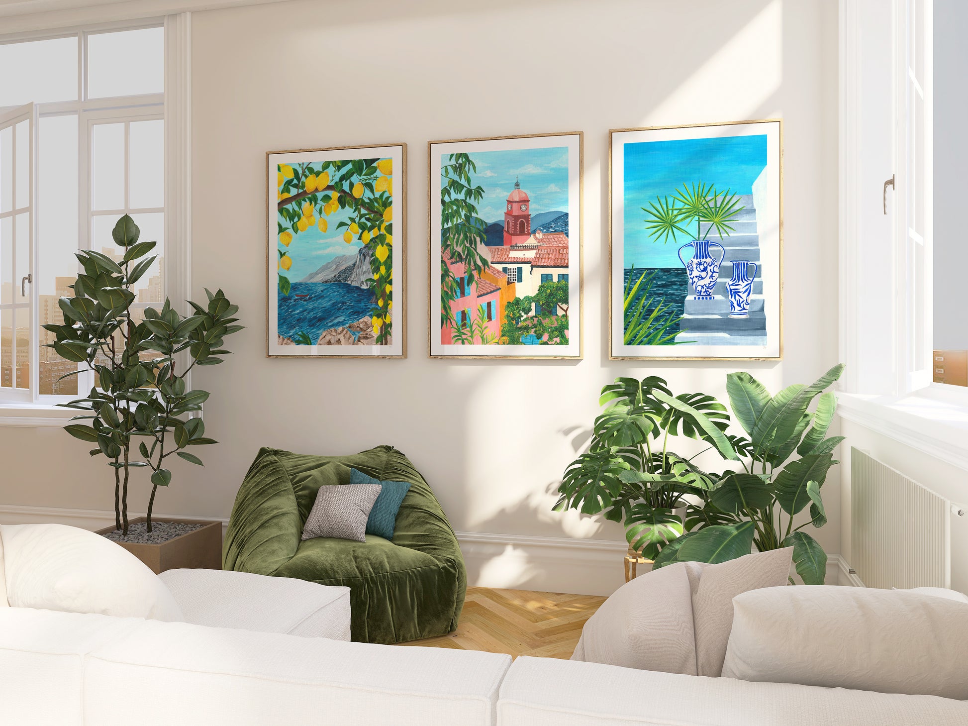 Colourful set of mediterranean lemon wall art prints