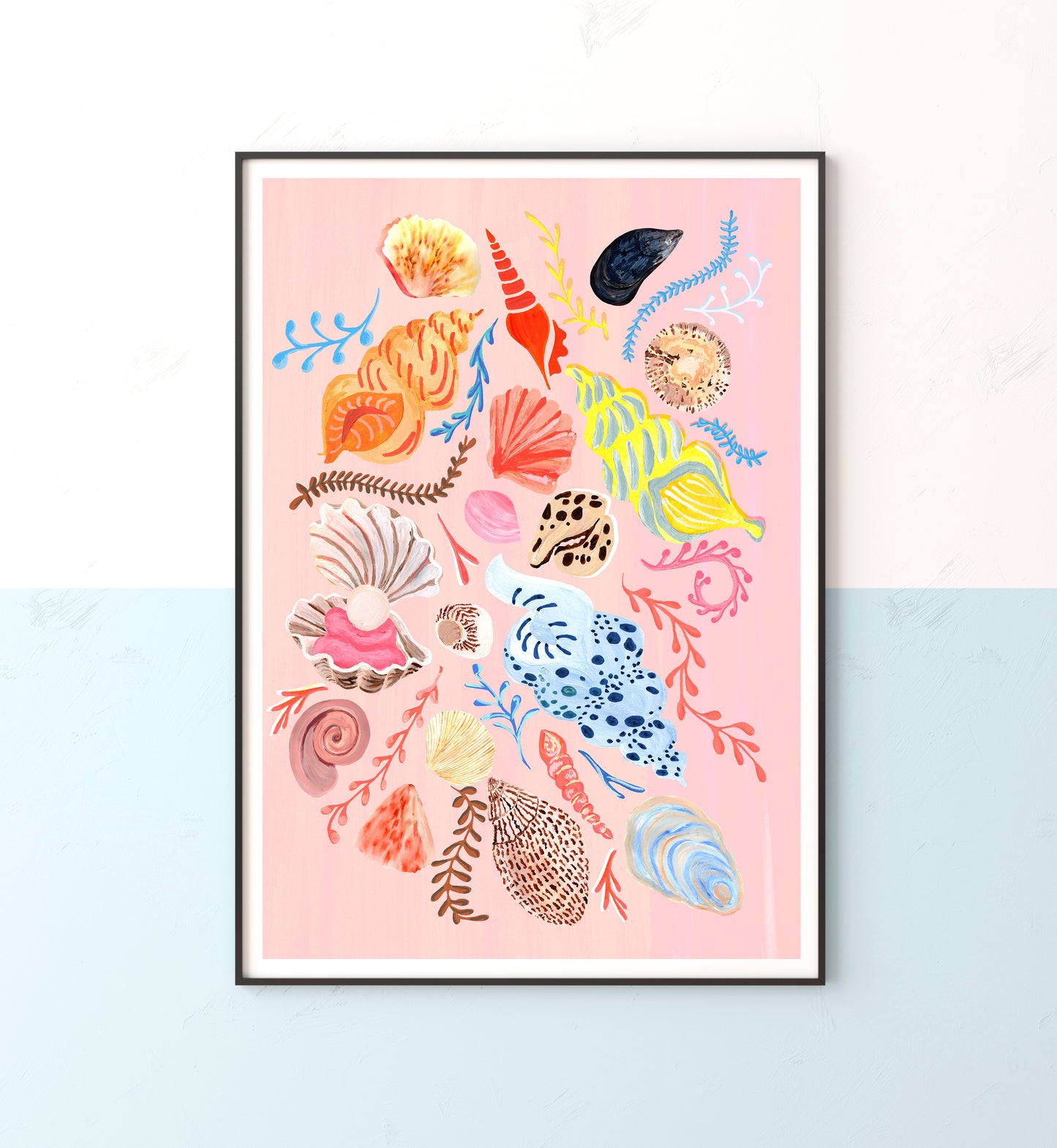 Framed artwork with colorful seashell illustrations on a pink background
