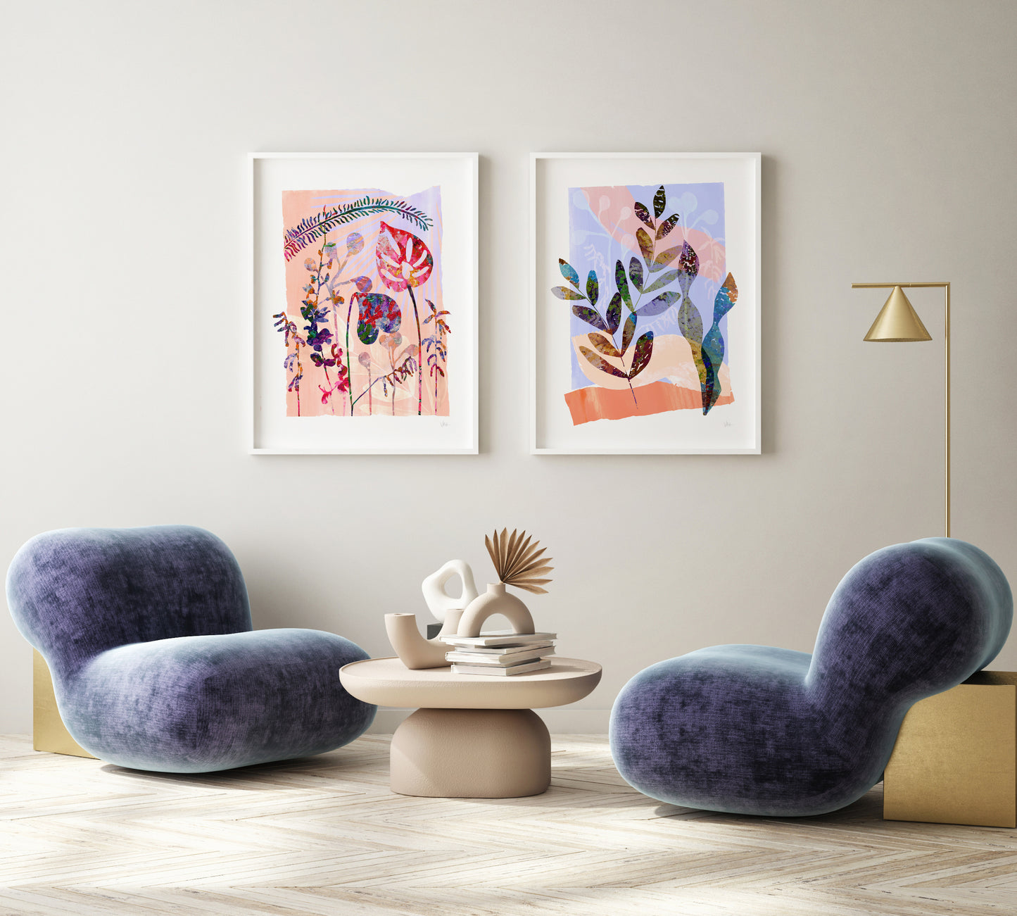 Modern living room with two purple chairs, a small table, and abstract art on the wall.
