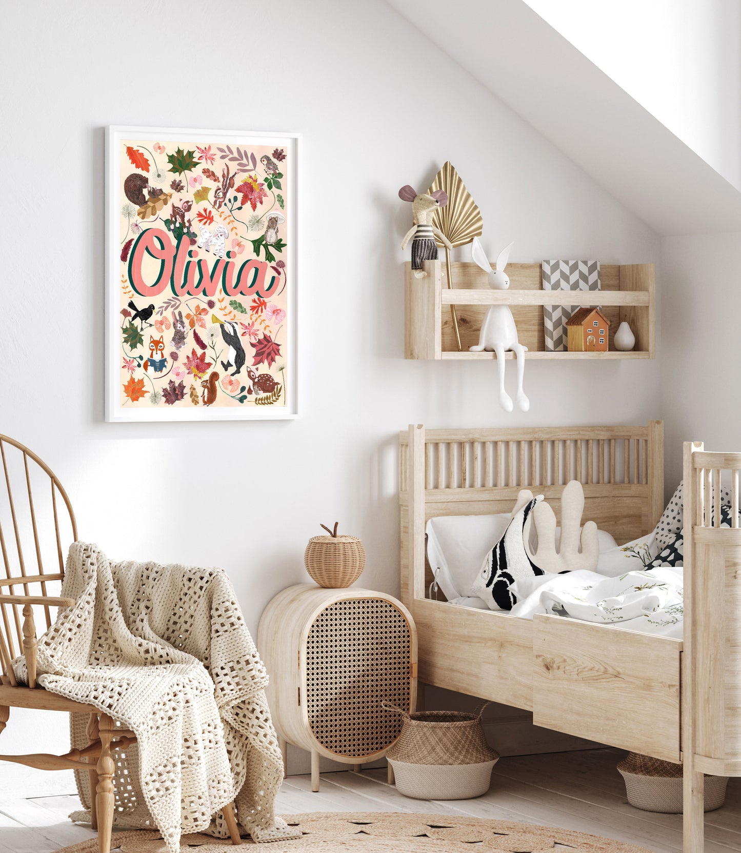 Children's room with wooden furniture, floral wall art, and shelves.