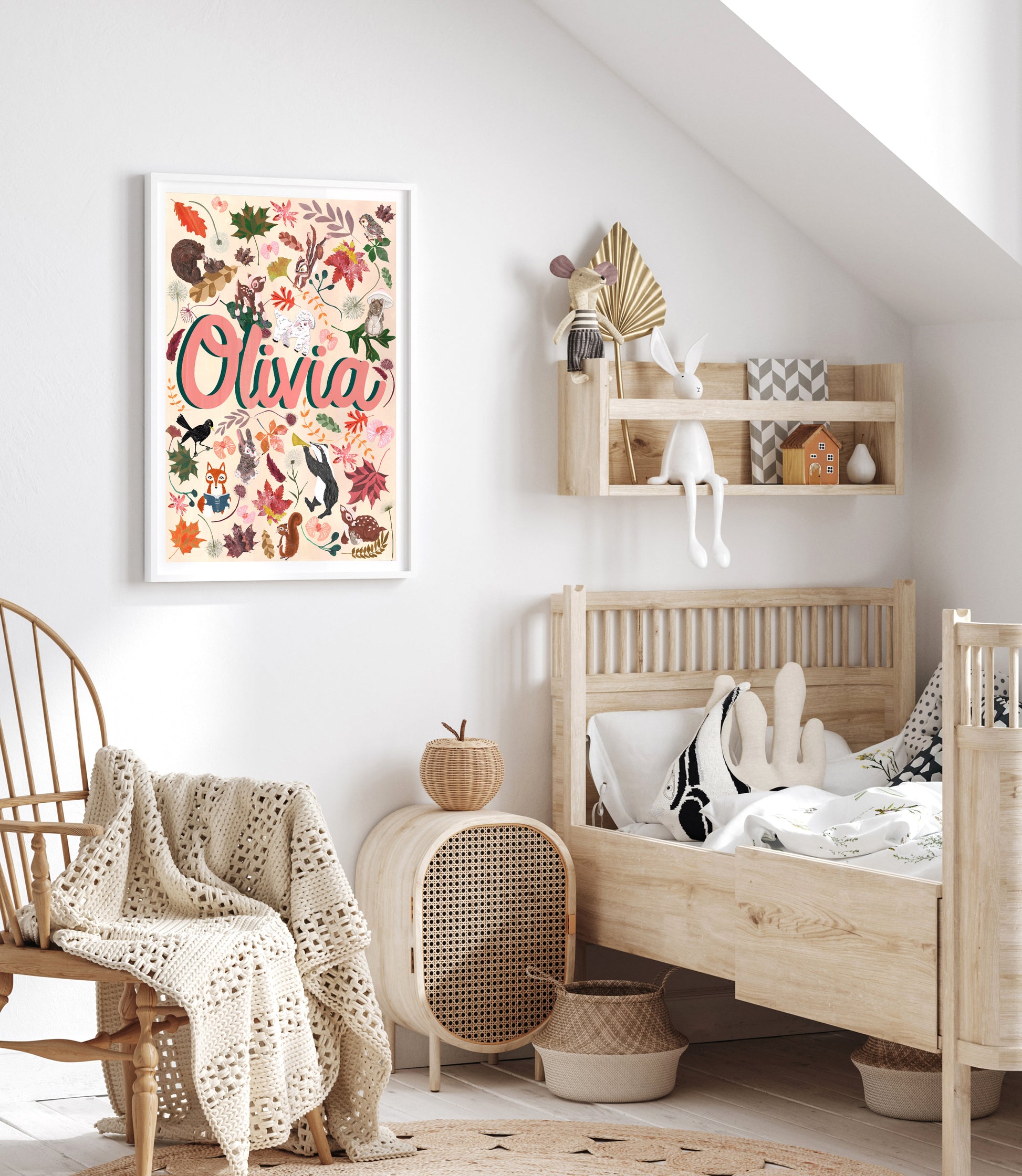 Children's room with wooden furniture, floral wall art, and shelves.