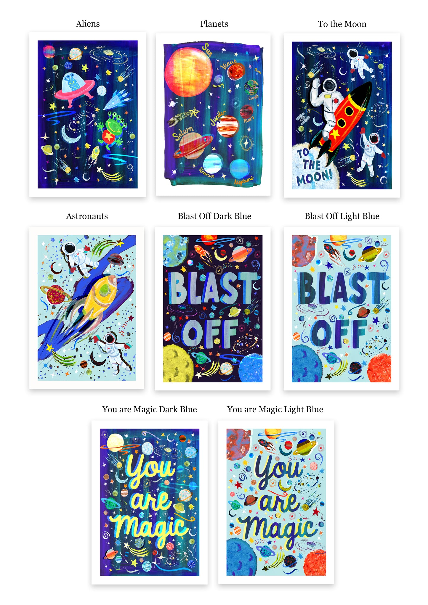 A selection of kids space wall art prints