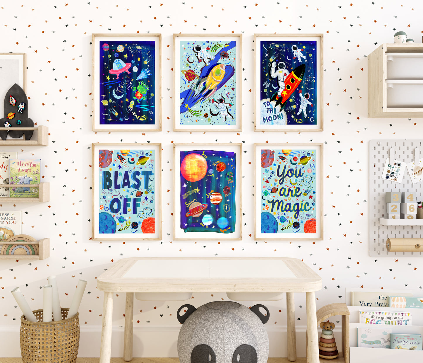 Children's room with colorful space-themed wall art and a panda toy.