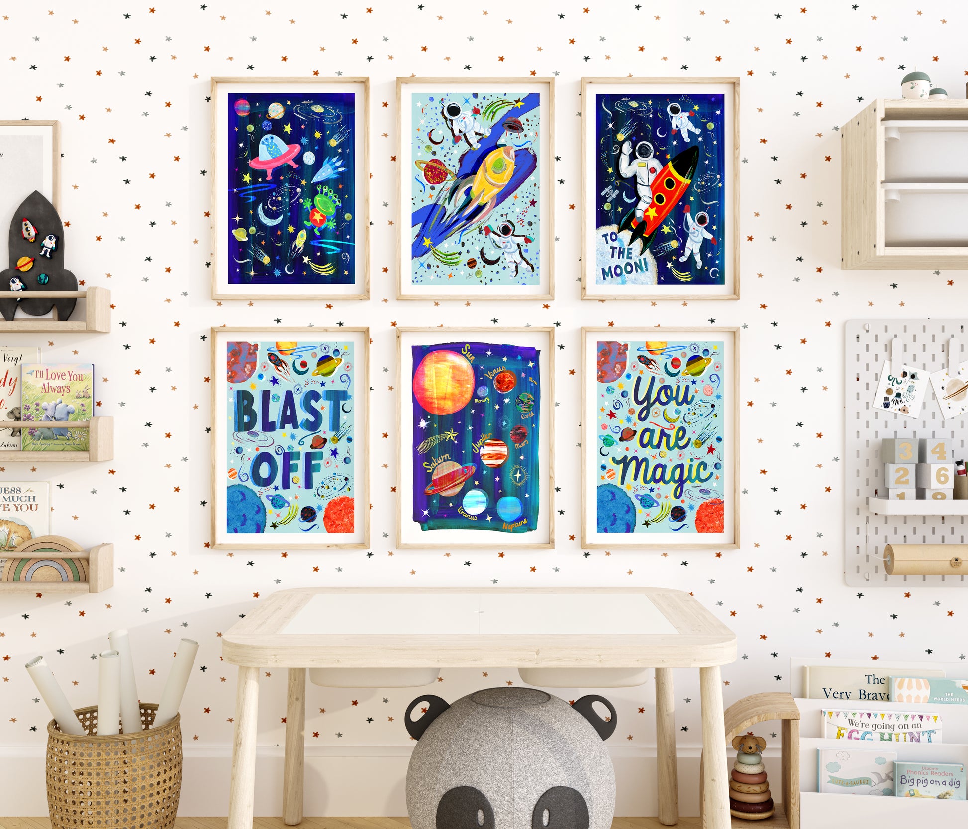 Children's room with colorful space-themed wall art and a panda toy.