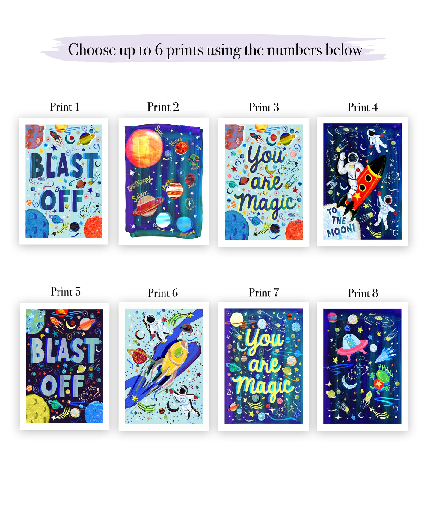 Set of eight colorful children's prints with space-themed designs and motivational phrases.
