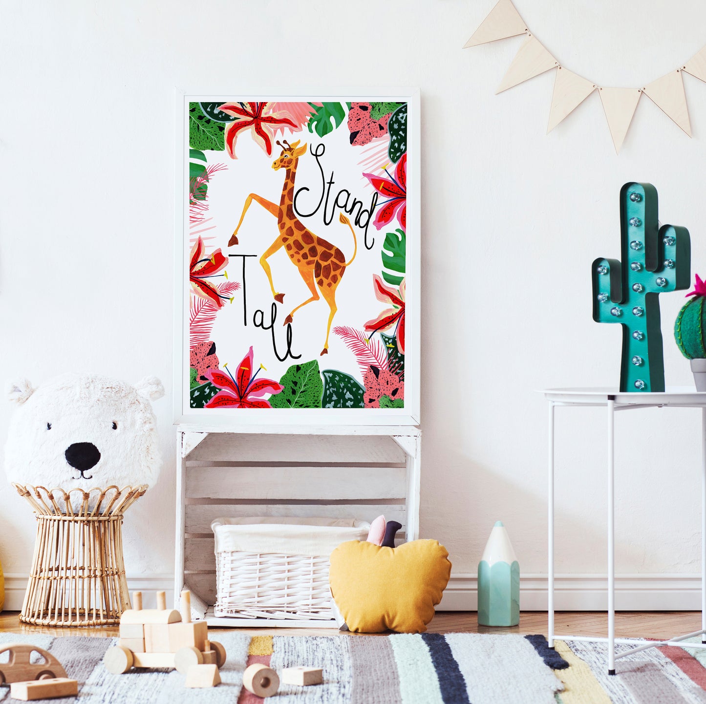 Colorful children's room with a giraffe print poster, teddy bear, and toys.