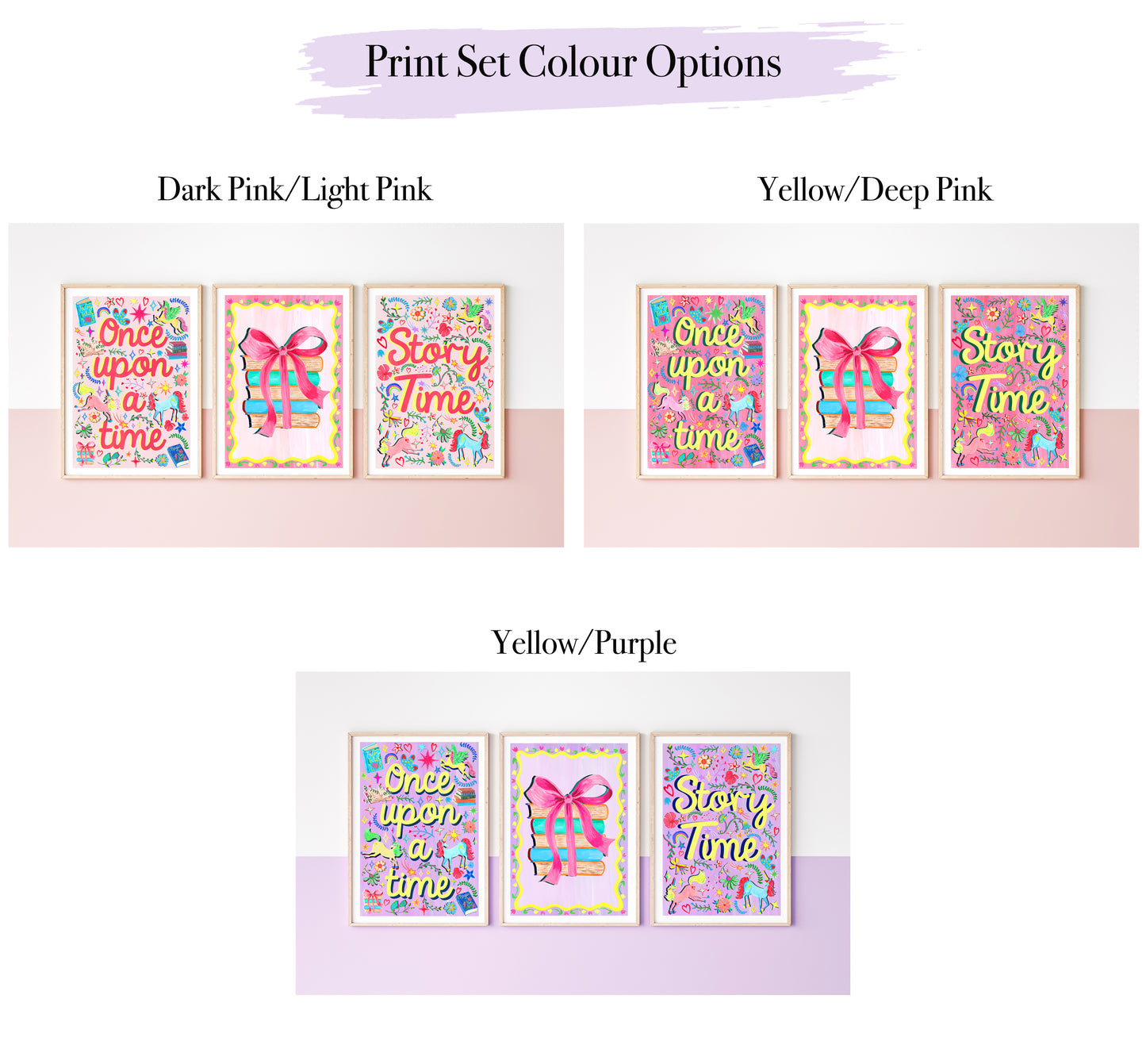 Color options for a print set with 'Once upon a time' and 'Story Time' text.