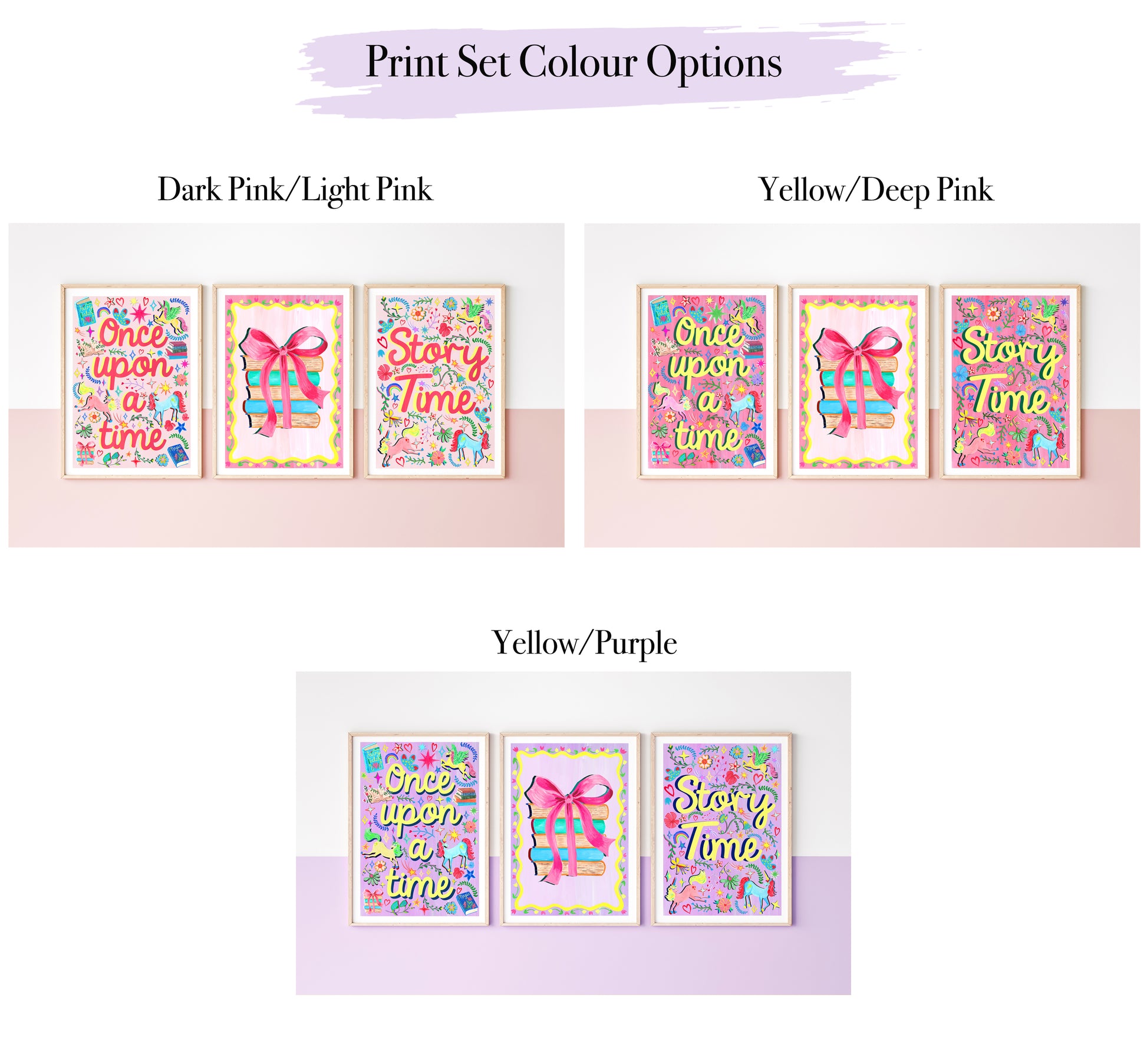 Color options for a print set with 'Once upon a time' and 'Story Time' text.