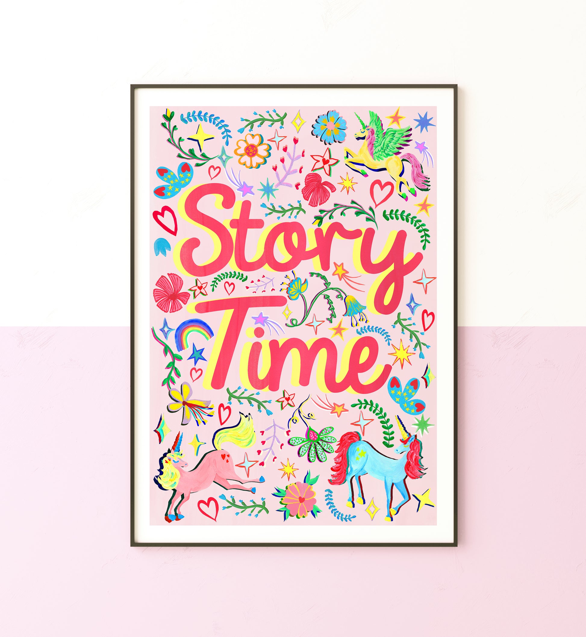 Colorful 'Story Time' poster with unicorns and decorative elements on a pink background