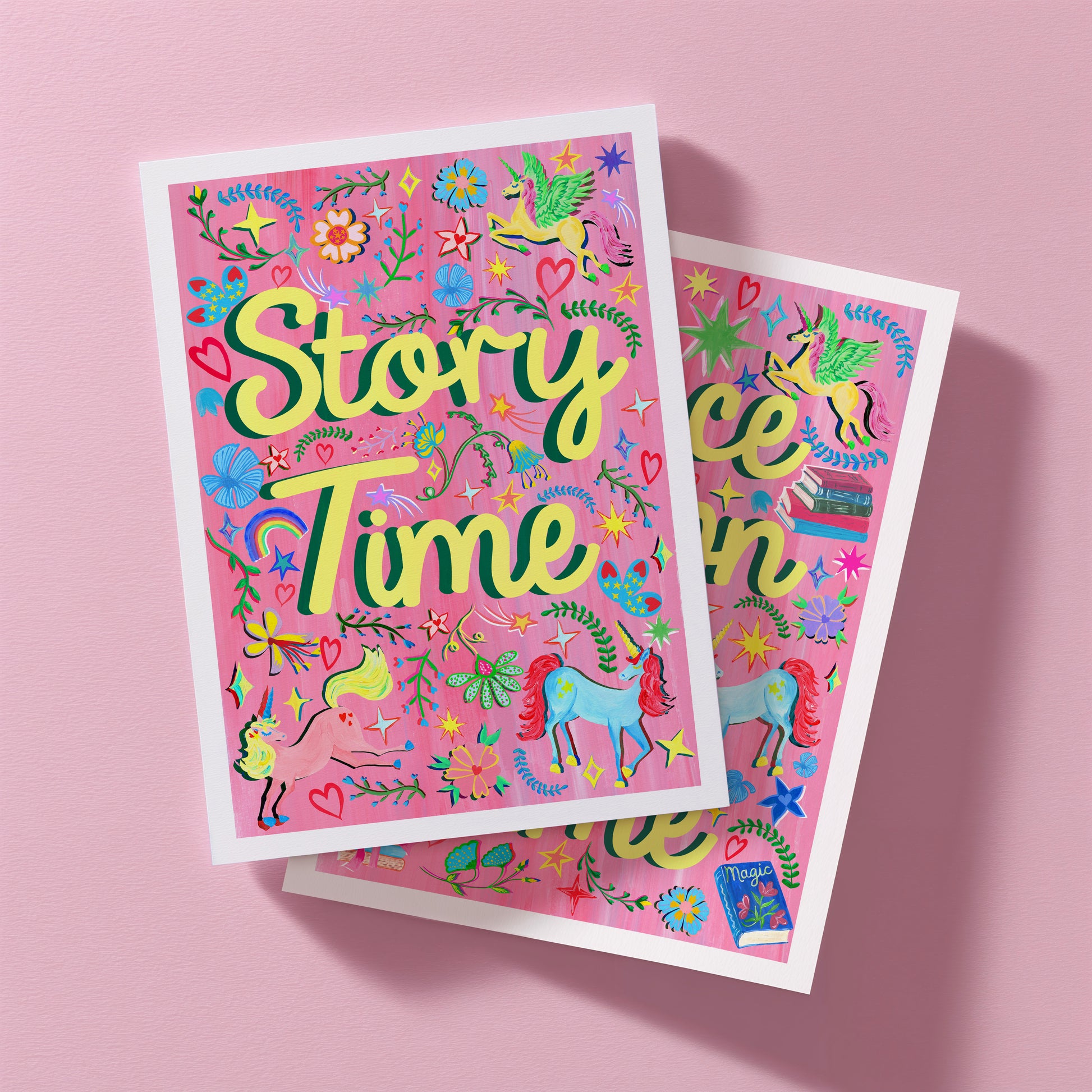 Colorful children's book with 'Story Time' text on a pink background