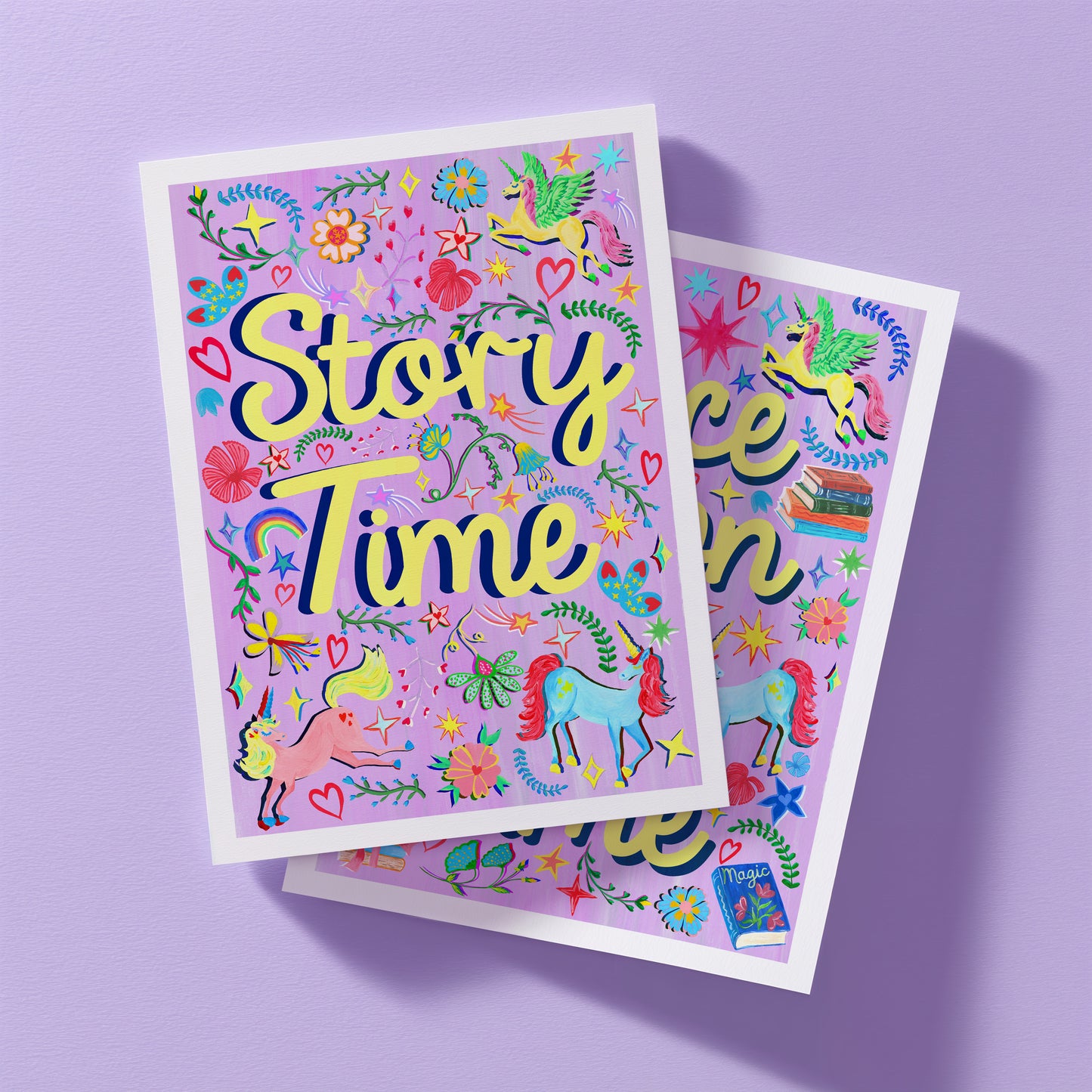 Colorful prints with 'Story Time' text and unicorns on a purple background