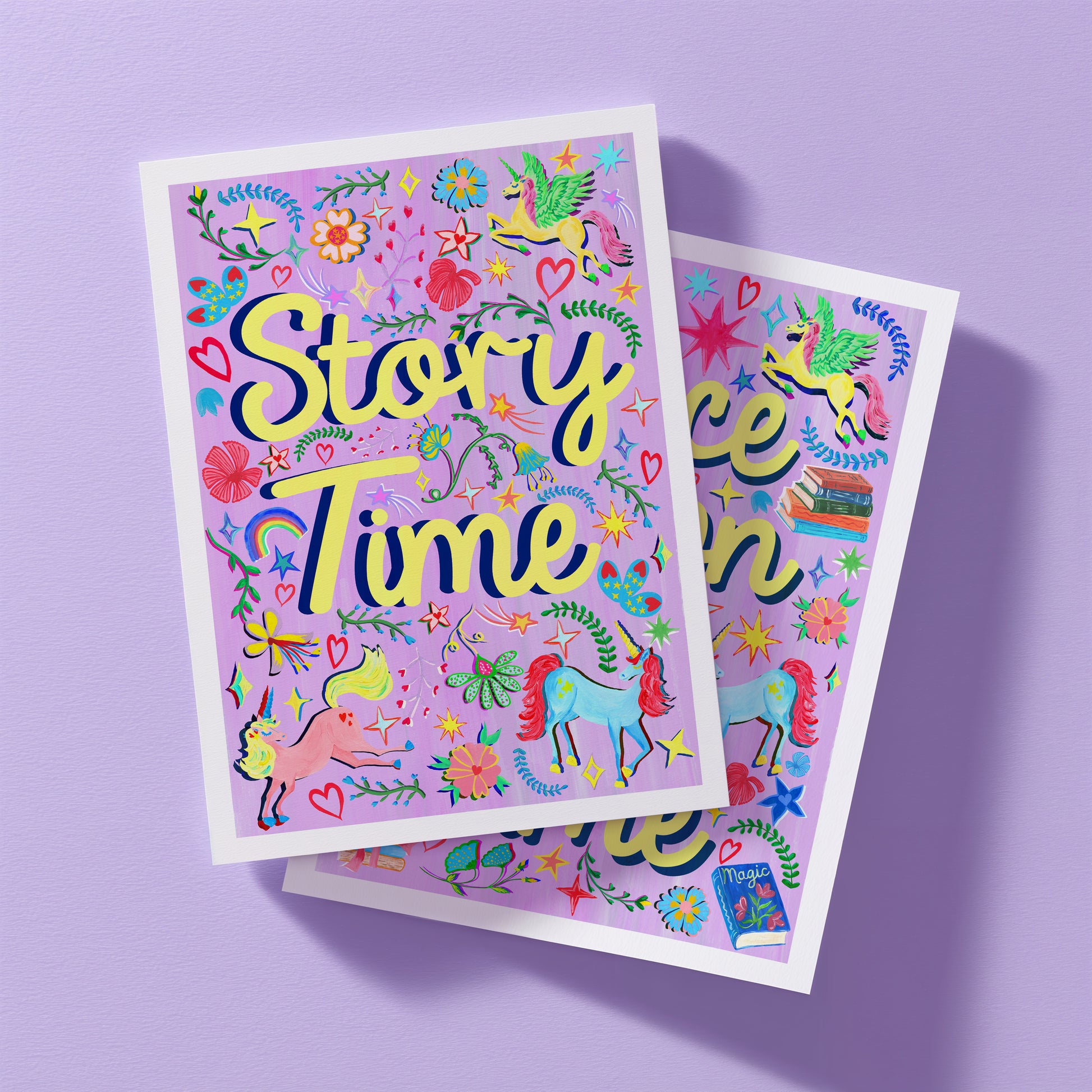 Colorful prints with 'Story Time' text and unicorns on a purple background