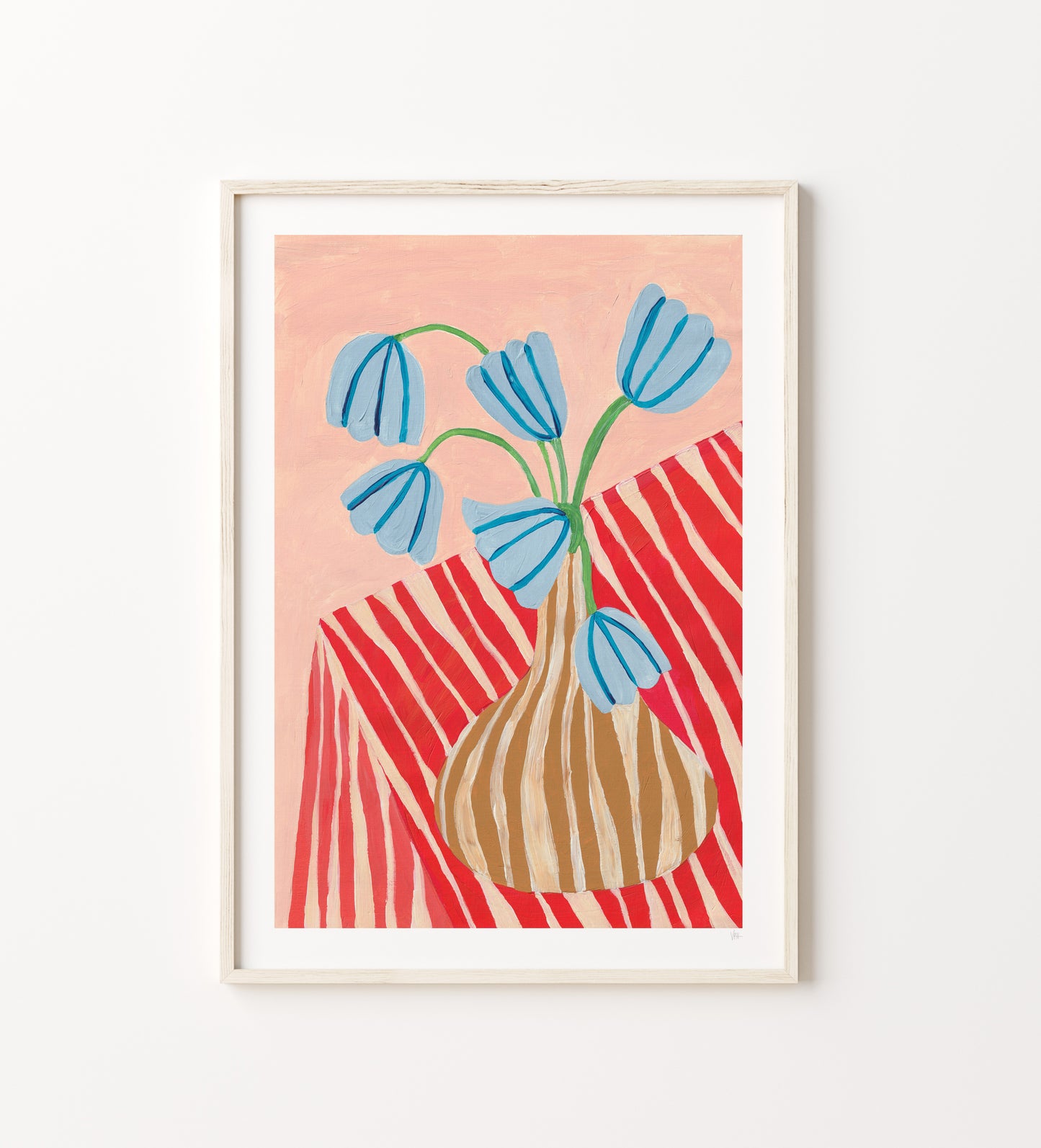 Framed artwork with a vase of blue flowers on a red and pink striped background