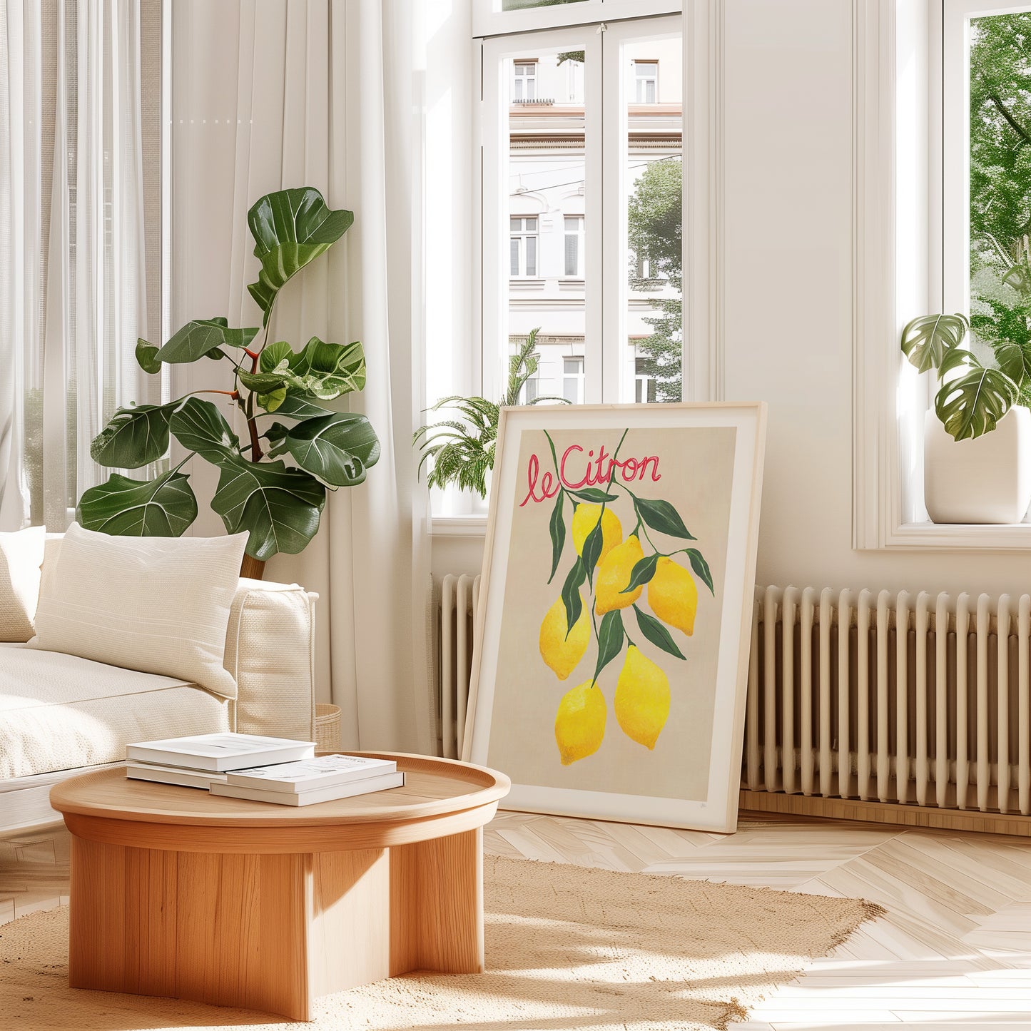 Modern living room with a white sofa, wooden coffee table, and a 'Citron' artwork.