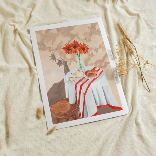 Artistic depiction of a table setting with flowers and fruit on a textured surface
