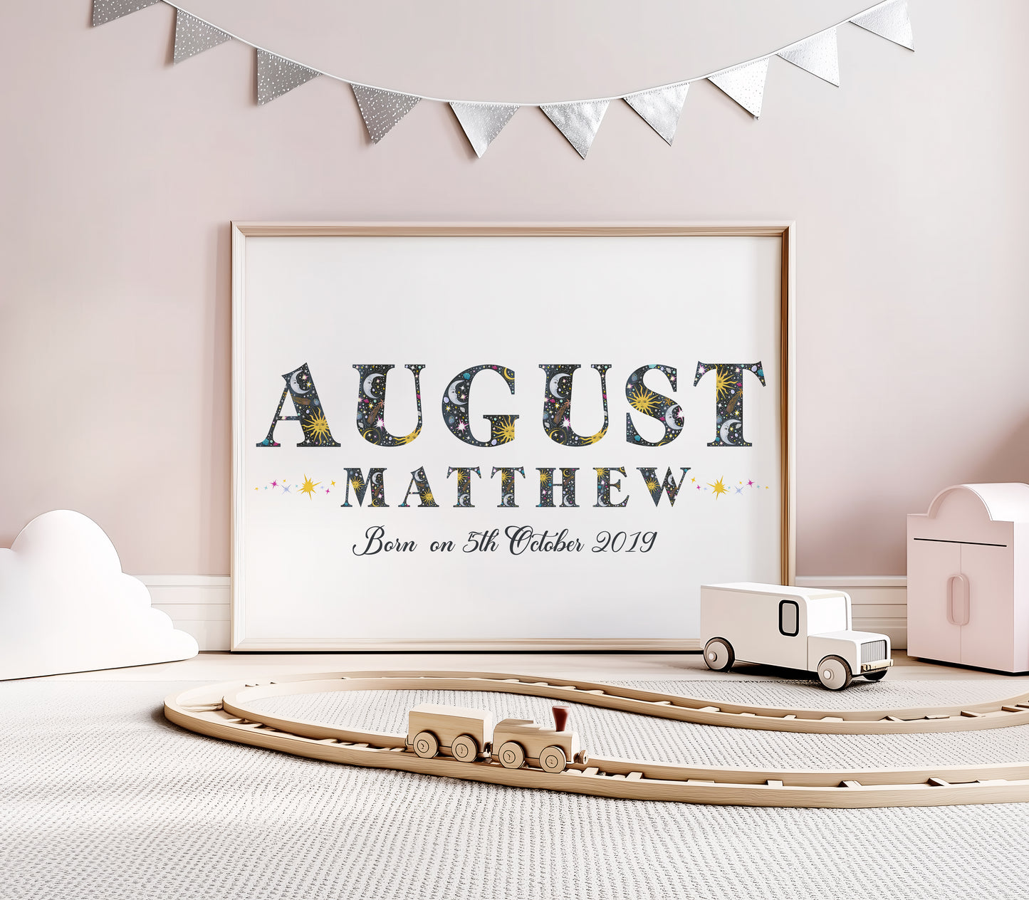 sun Moon and stars illustrated name and birth date print