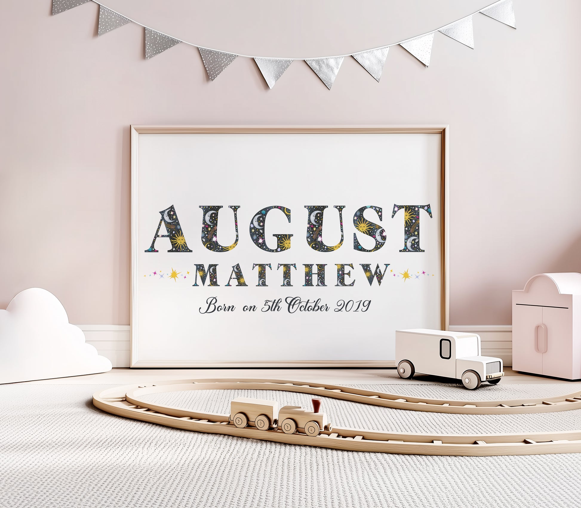 sun Moon and stars illustrated name and birth date print
