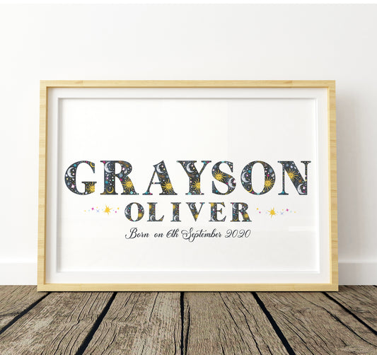 Framed print with name and birth date with sun, moon and star illustrations on a white background