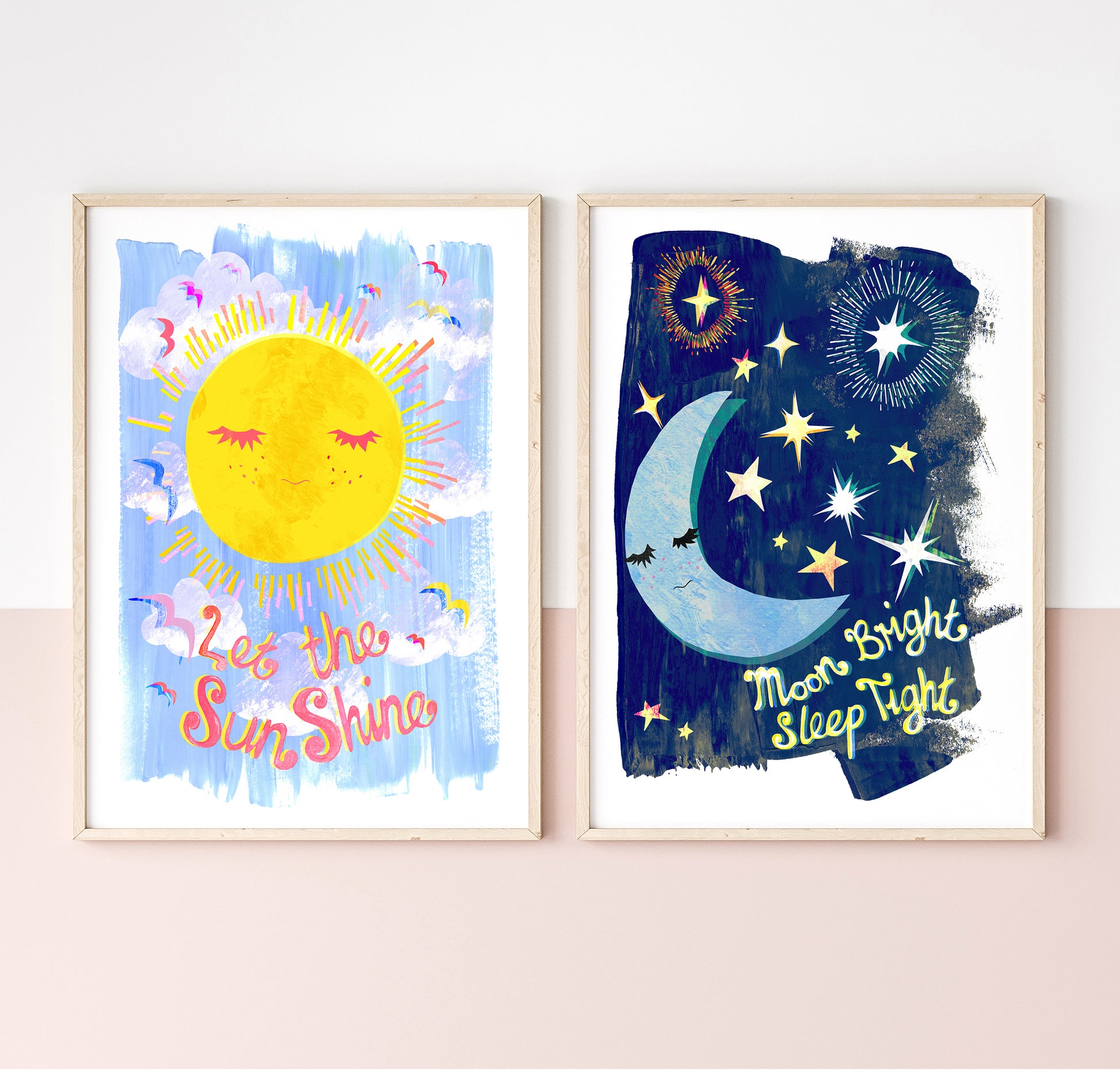 Set of colourful Sun and Moon hand painted nursery prints with the words 'let the sun shine' and 'moon bright sleep tight'