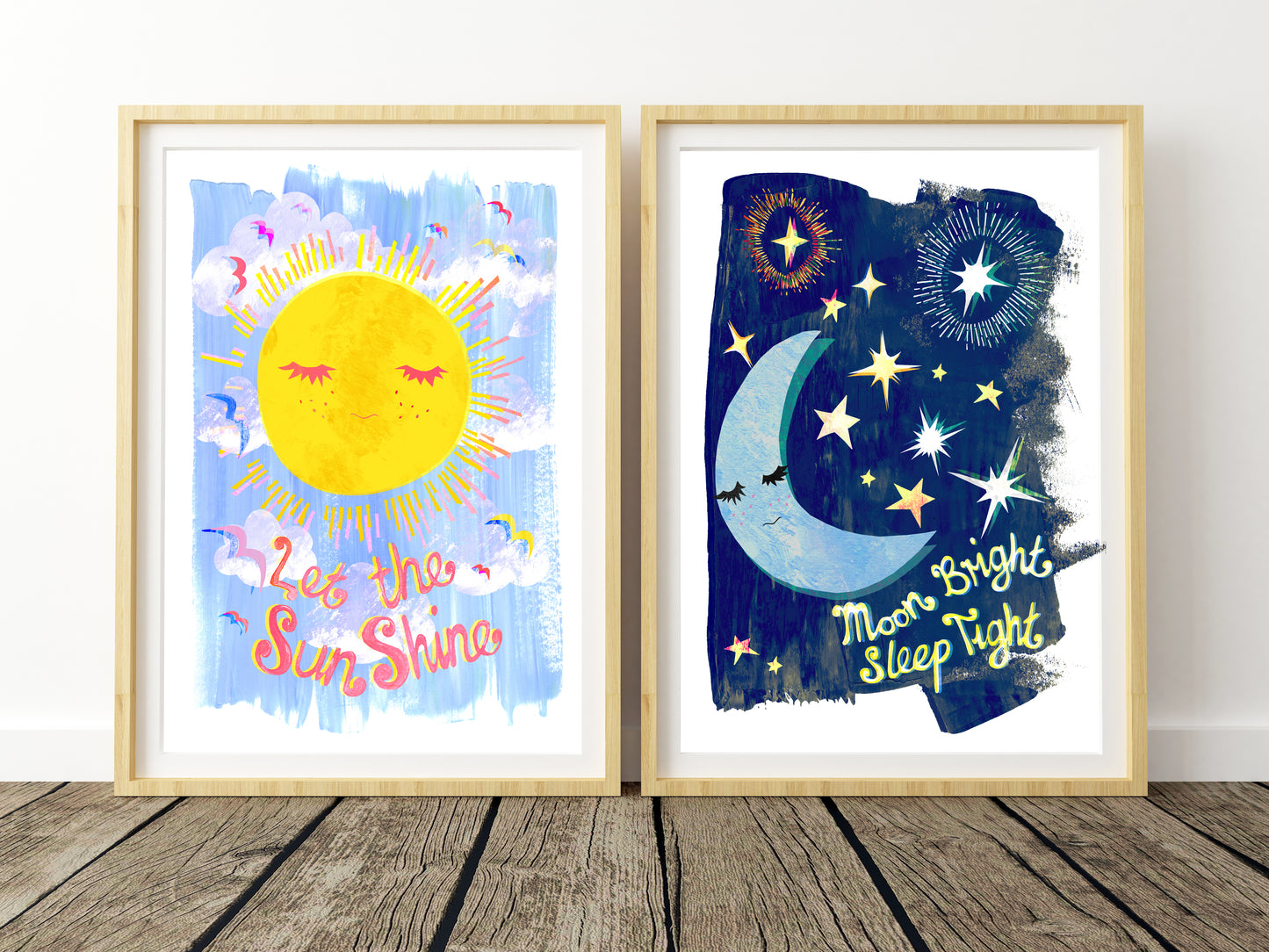 A colourful sun and moon nursery print set