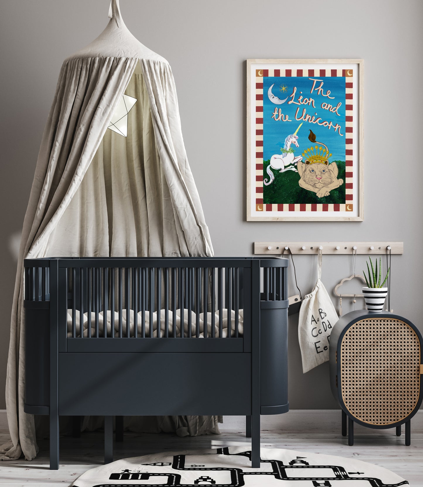 Nursery room with a black crib, decorative poster, and wooden chair.