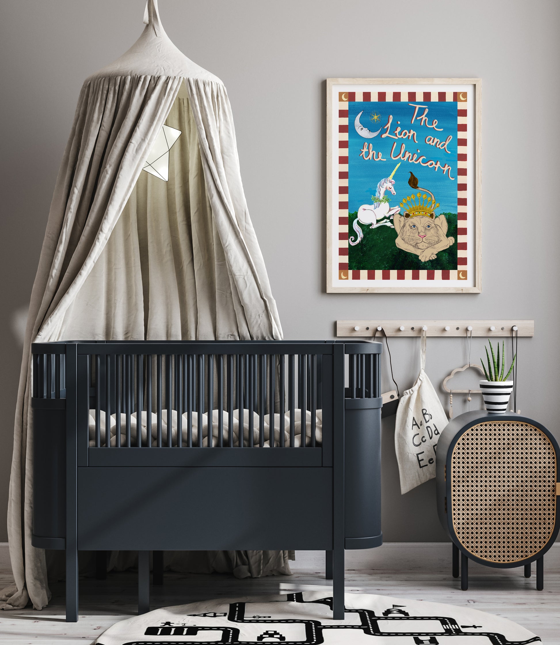 Nursery room with a black crib, decorative poster, and wooden chair.