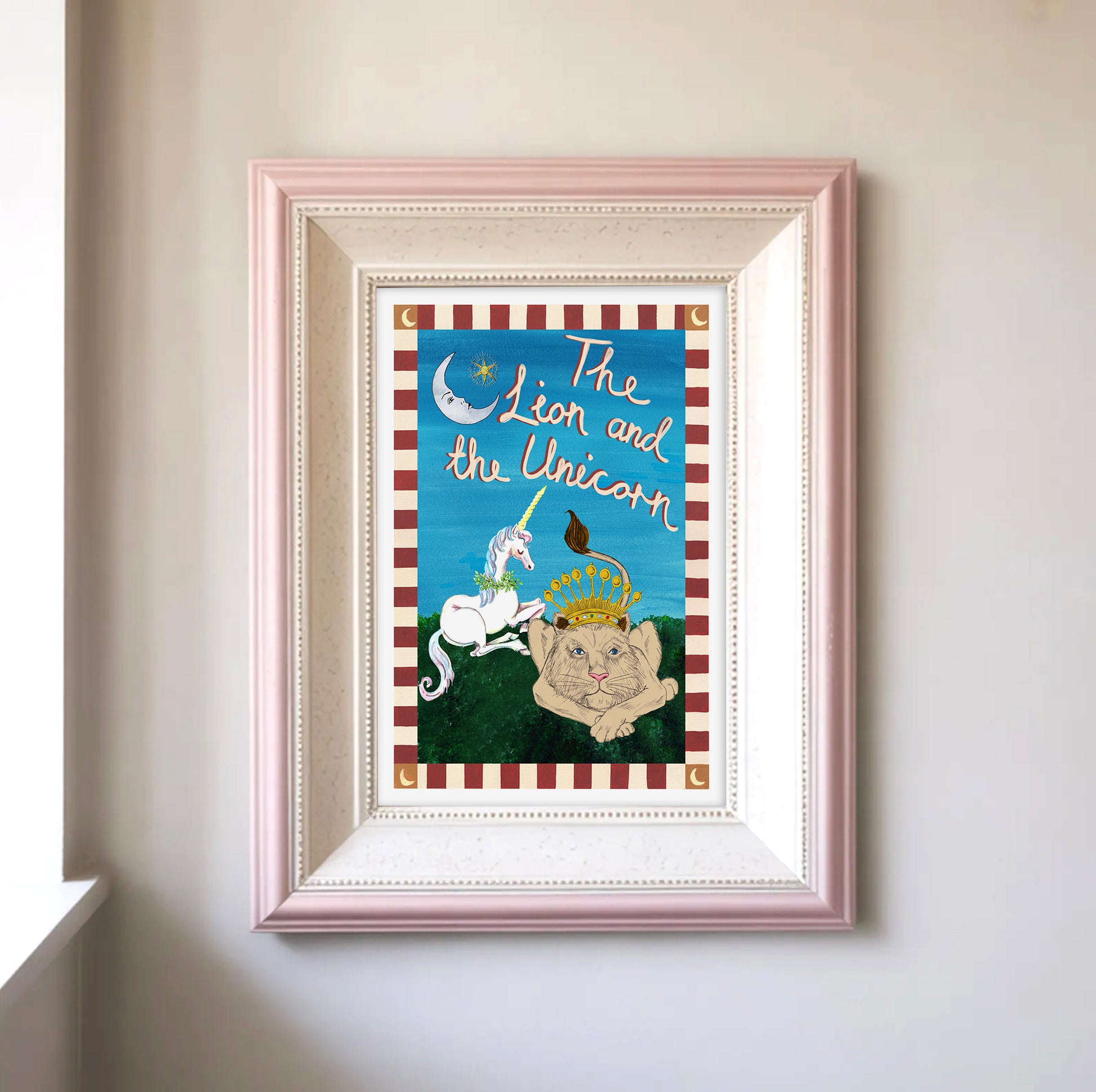 Framed artwork titled 'The Lion and the Unicorn' on a wall.