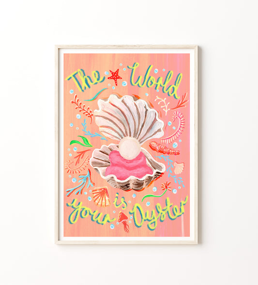 Framed artwork with shells and colorful text on a pink background