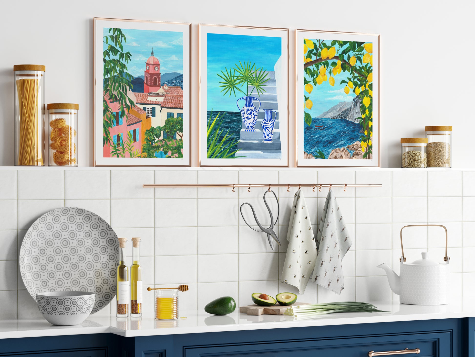 Kitchen with colorful framed prints on the wall
