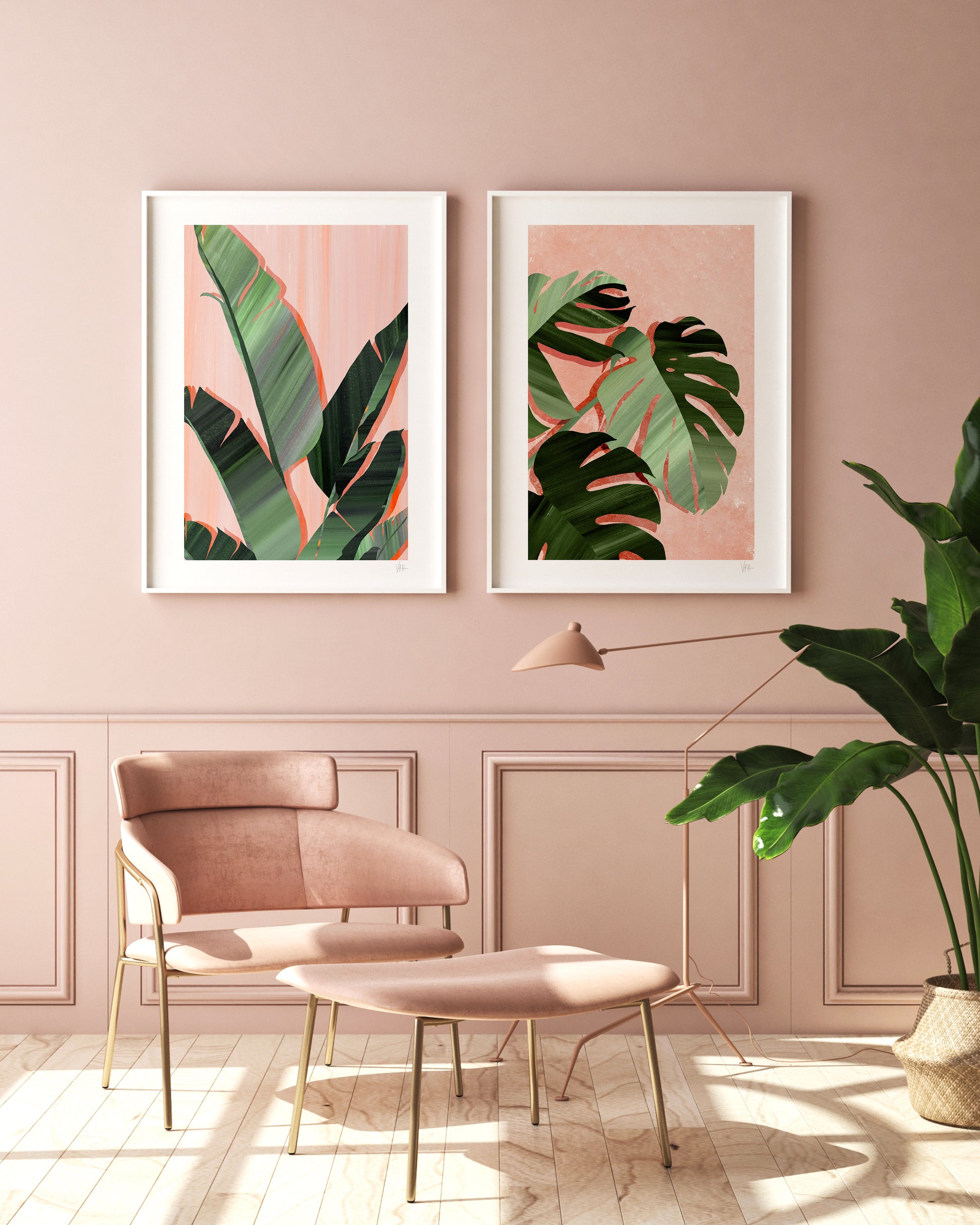 Modern living room with pink walls, a chair, ottoman, and framed botanical prints.
