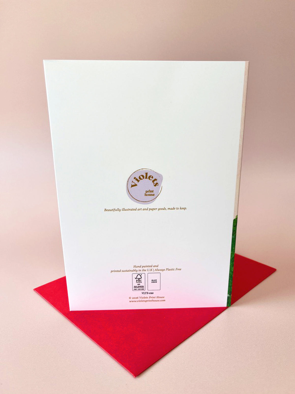 A white card or paper sheet with printed text and a circular logo reading 'Violets' stands upright on a red paper base against a soft pink background.