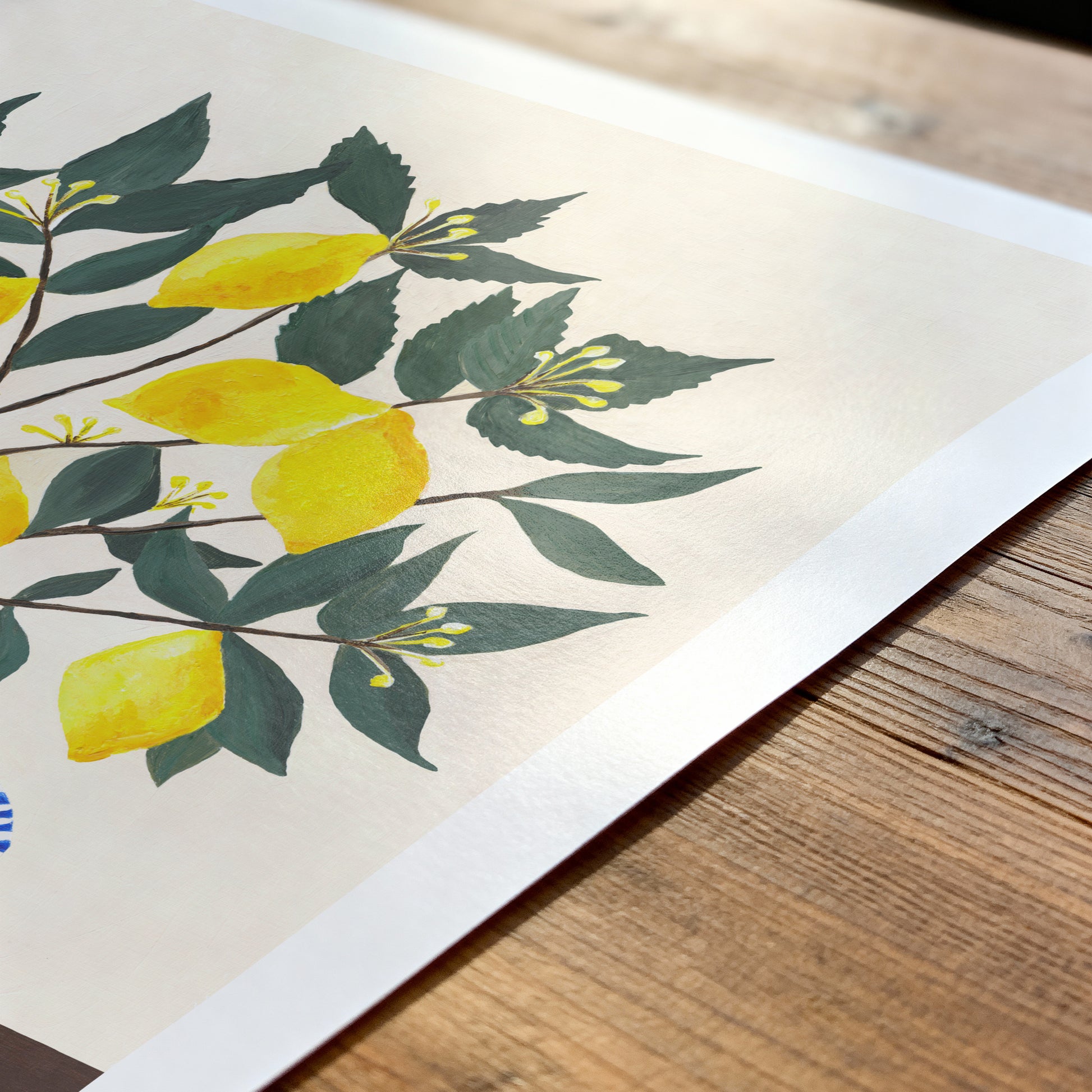 Illustration of lemons and green leaves on a wooden surface