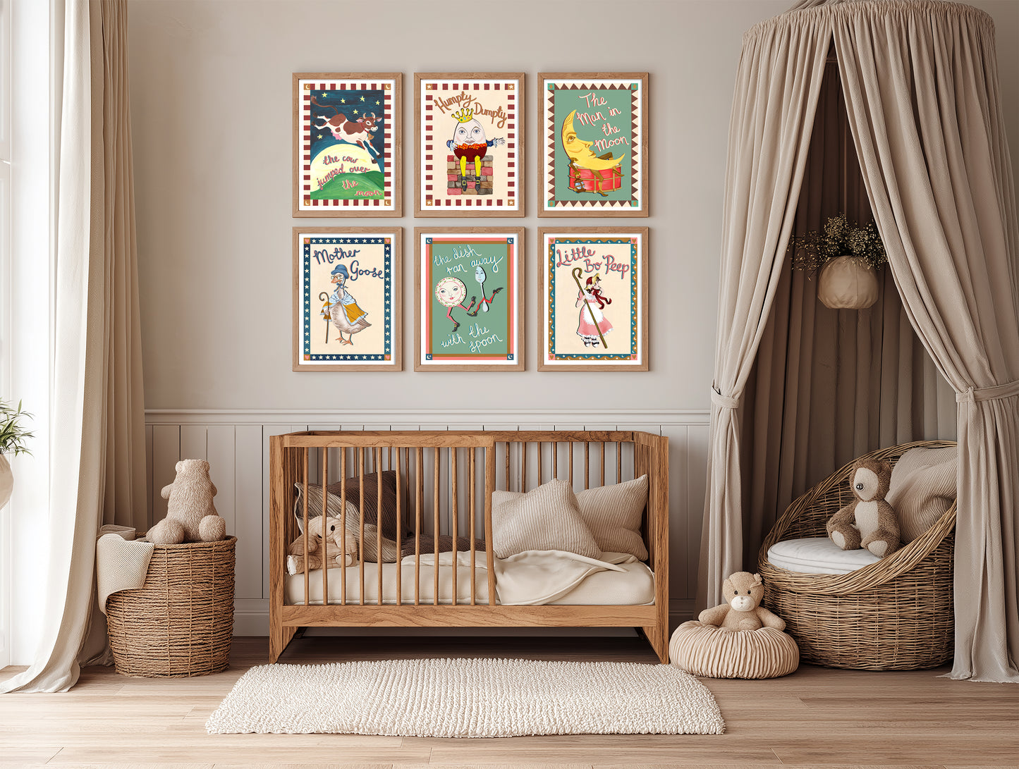 Nursery room with wooden crib, teddy bears, and framed pictures on the wall.