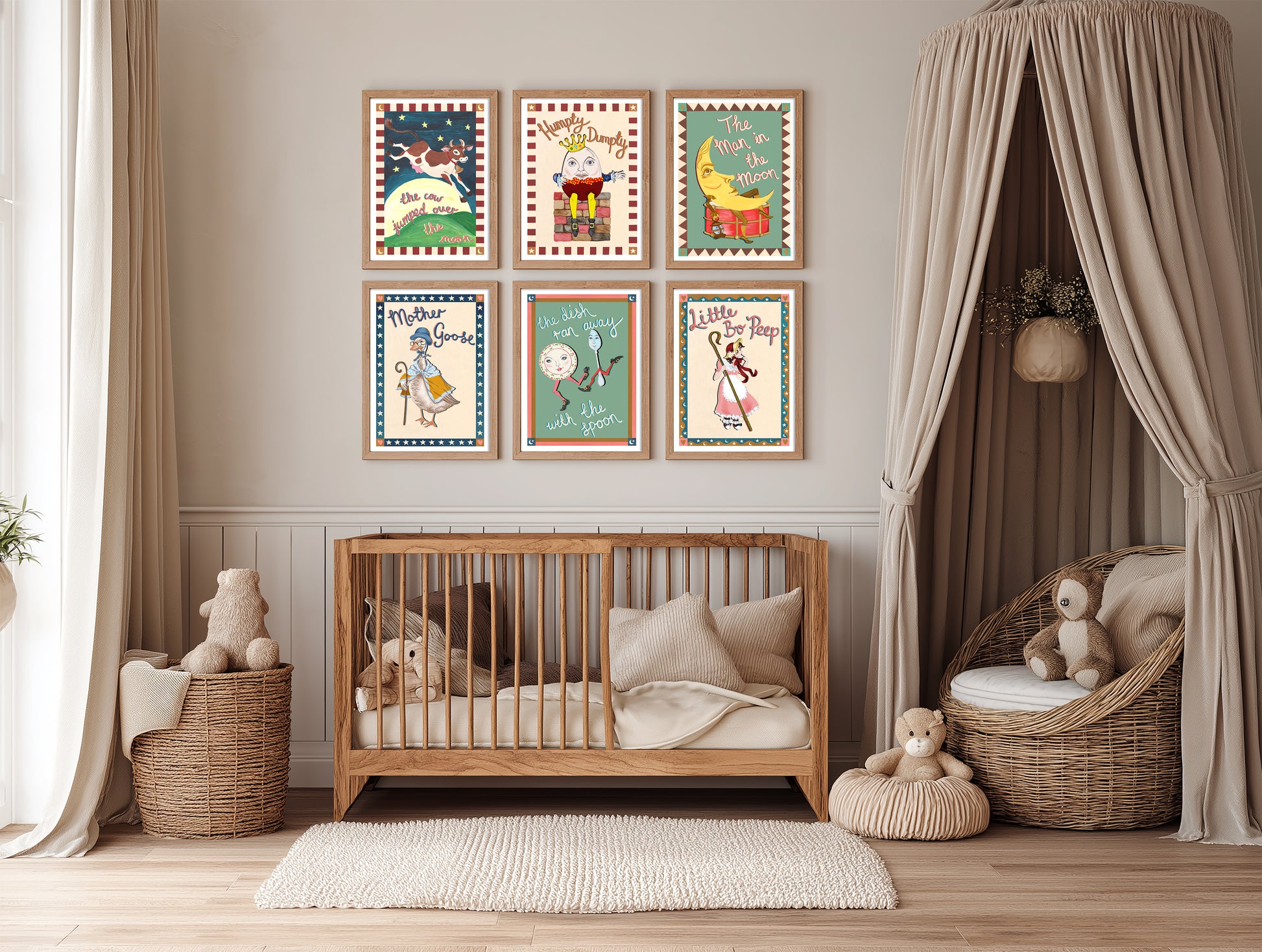 Nursery room with wooden crib, teddy bears, and framed pictures on the wall.