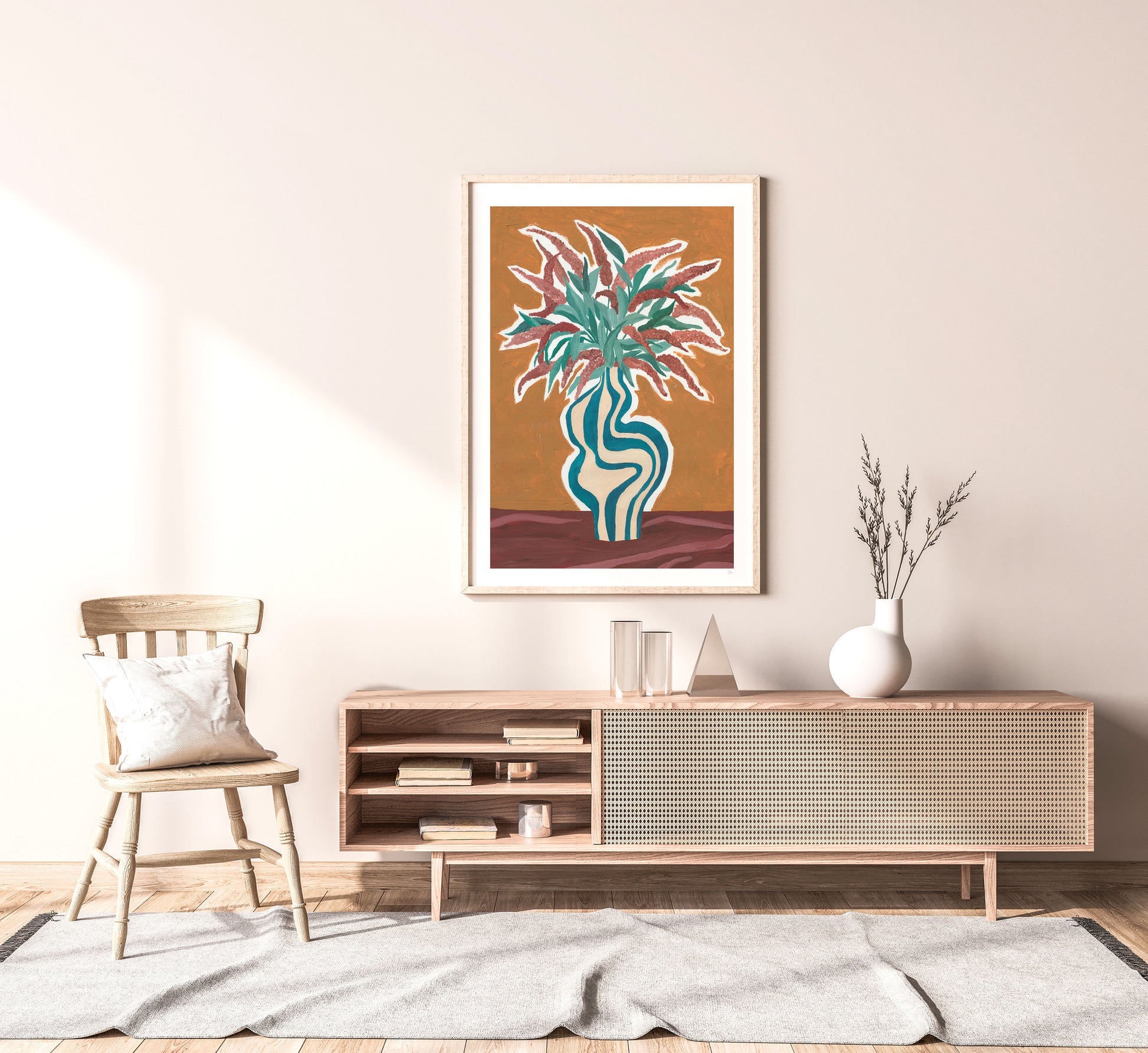 Modern living room with a wooden console table, chair, and abstract art on the wall.