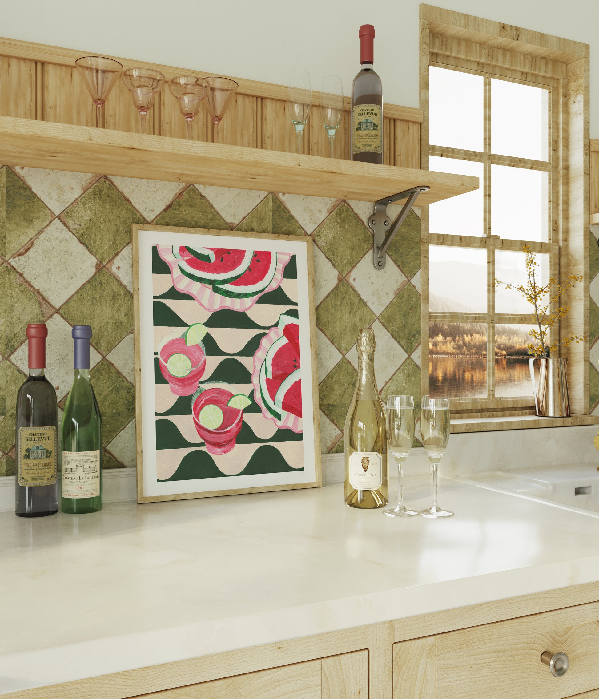 Kitchen counter with wine bottles, a framed artwork, and a window view.