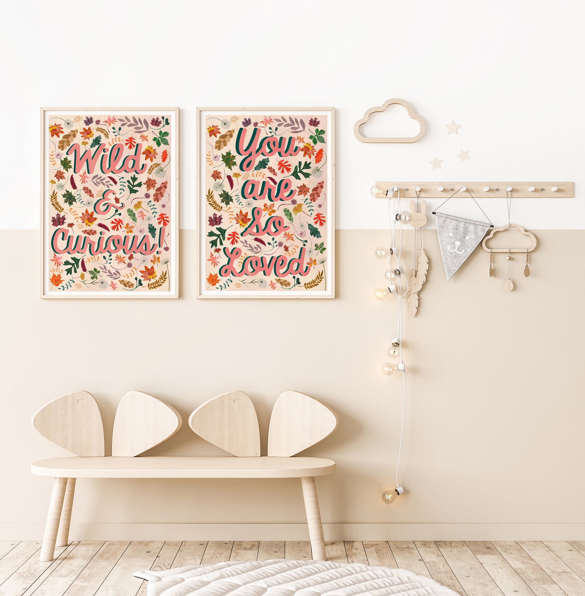 Children's room with woodland wall art and wooden bench