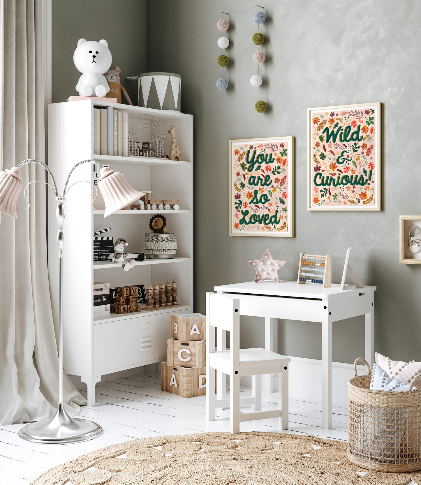 Children's room with white bookshelf, desk, and decor elements.